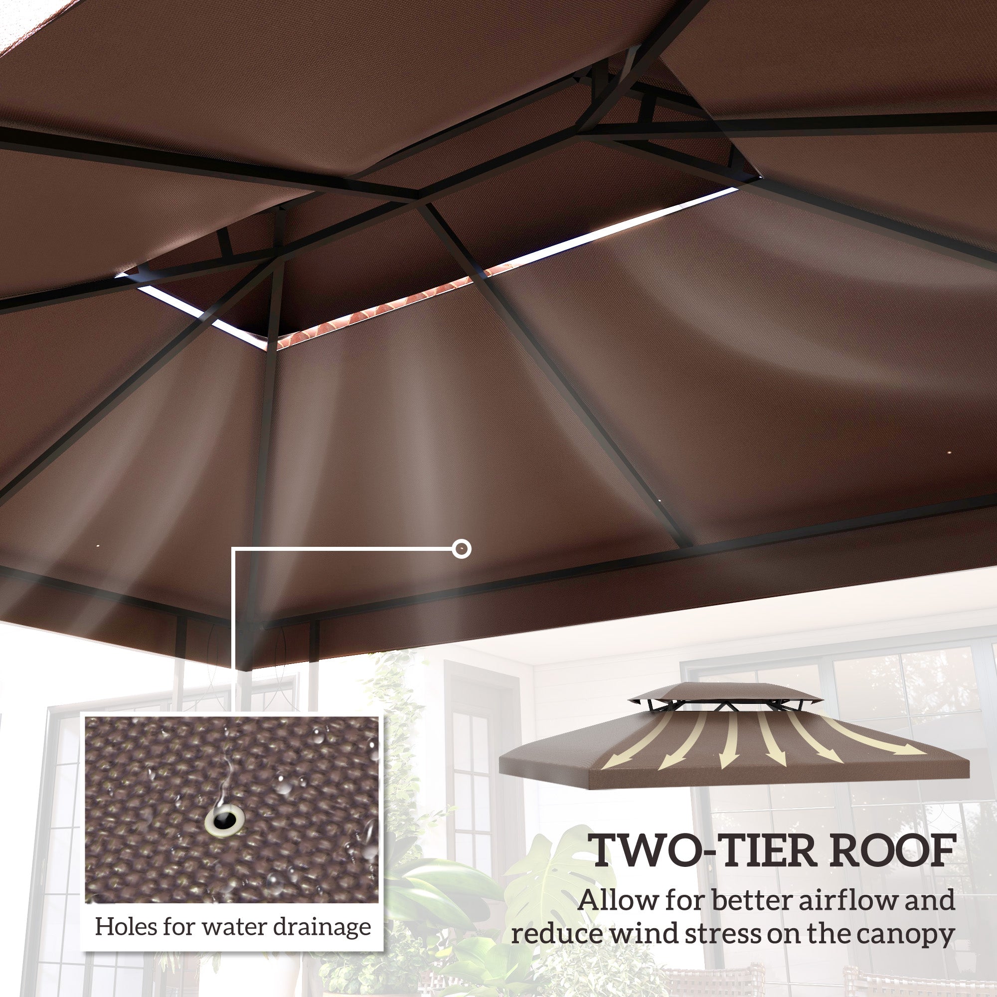 Outsunny 13.1' x 9.8' Gazebo Replacement Canopy, 2 Tier Top Roof Garden Pavilion UV Cover, Brown (TOP ONLY)