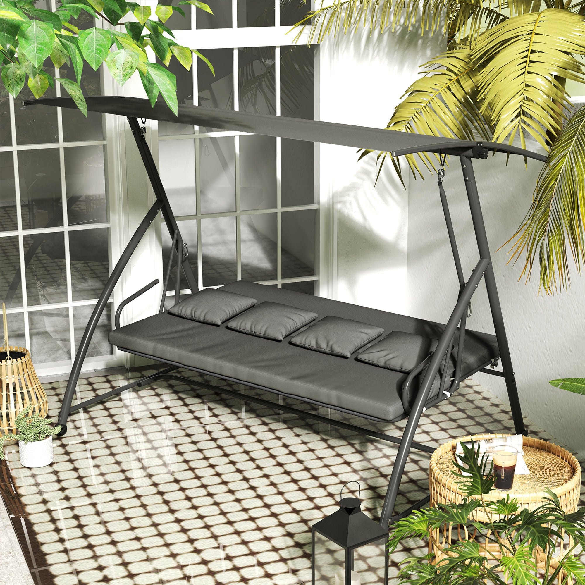 Outsunny Patio Swing Chair, 3 Person Convertible Hammock, Outdoor Swing Lounge Bed, Cushioned with Tilt Canopy, Dark Grey