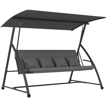 Outsunny Patio Swing Chair, 3 Person Convertible Hammock, Outdoor Swing Lounge Bed, Cushioned with Tilt Canopy, Dark Grey