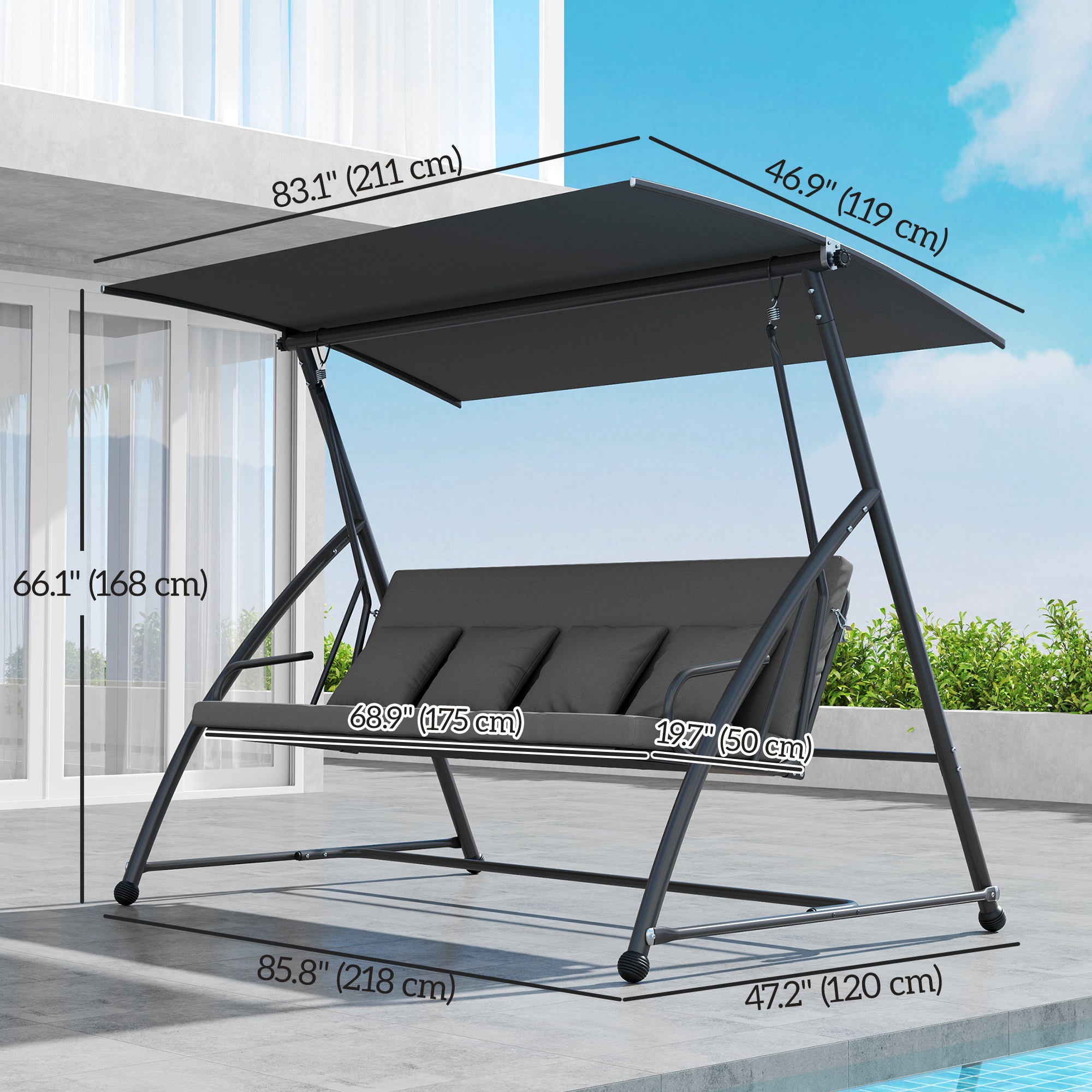 Outsunny Patio Swing Chair, 3 Person Convertible Hammock, Outdoor Swing Lounge Bed, Cushioned with Tilt Canopy, Dark Grey