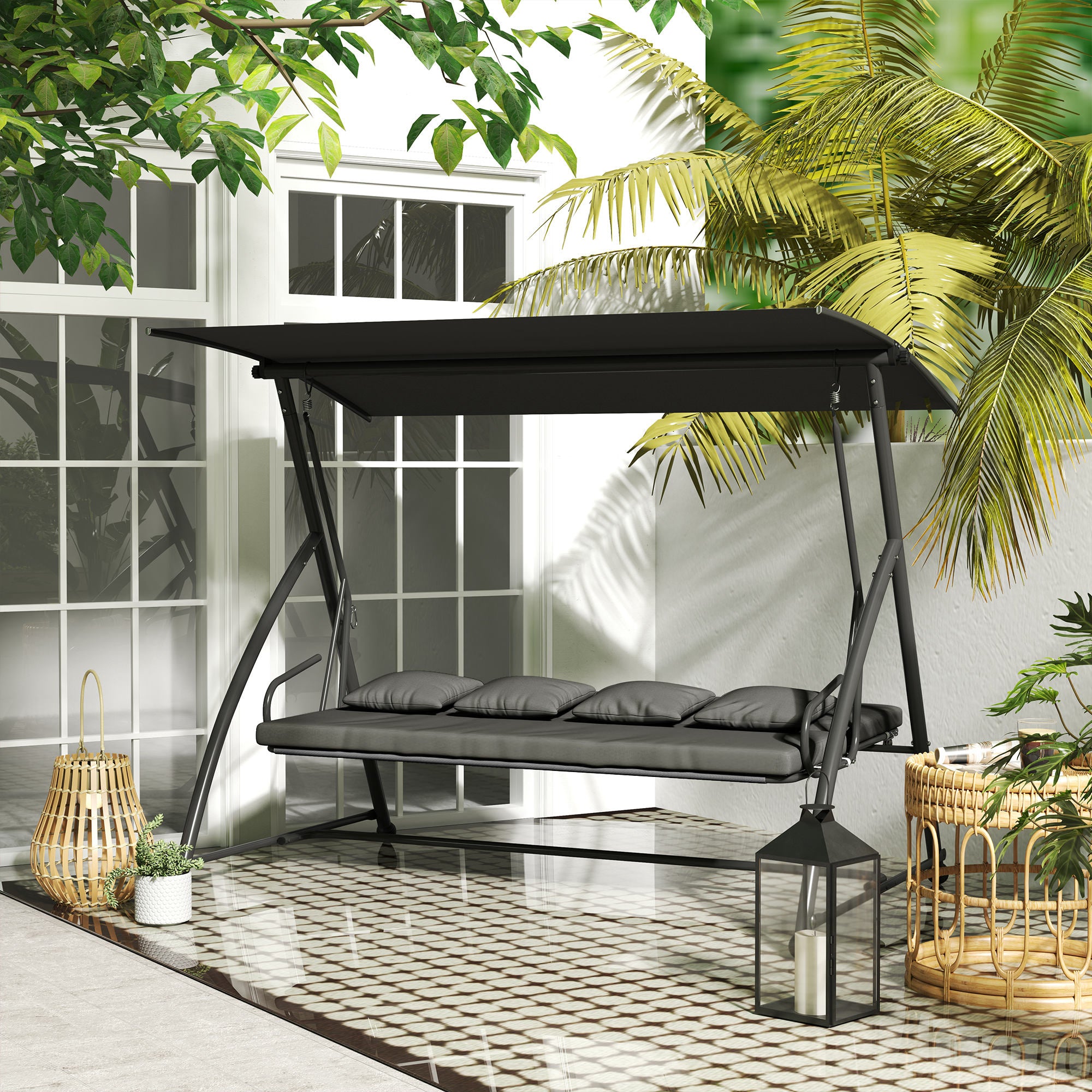 Outsunny Patio Swing Chair, 3 Person Convertible Hammock, Outdoor Swing Lounge Bed, Cushioned with Tilt Canopy, Dark Grey