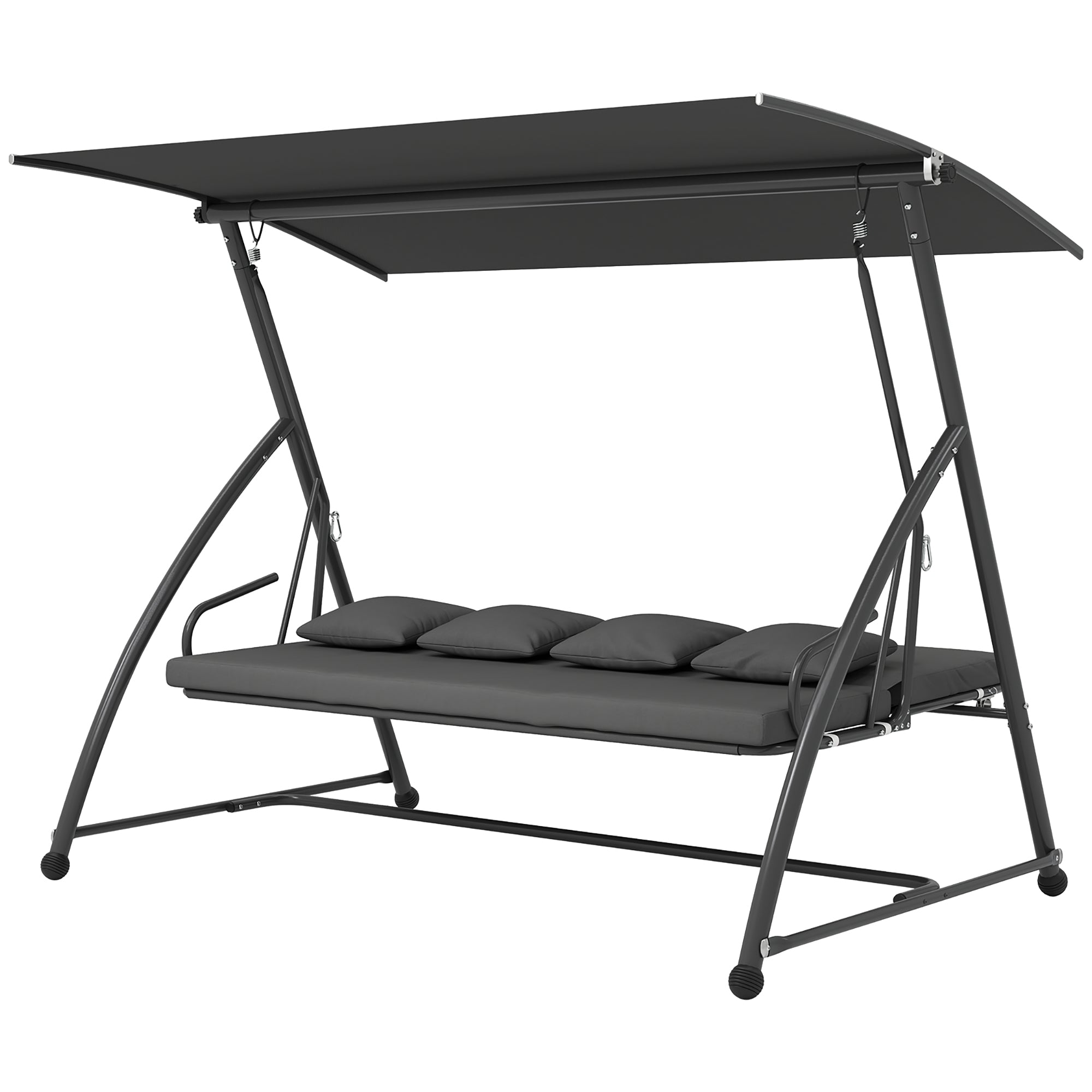 Outsunny Patio Swing Chair, 3 Person Convertible Hammock, Outdoor Swing Lounge Bed, Cushioned with Tilt Canopy, Dark Grey