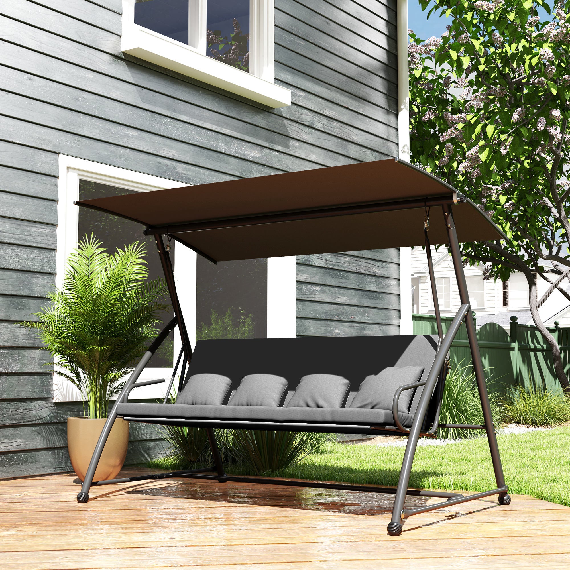 Outsunny Patio Swing Chair, 3 Person Convertible Hammock, Outdoor Swing Lounge Bed, Cushioned with Tilt Canopy, Dark Grey