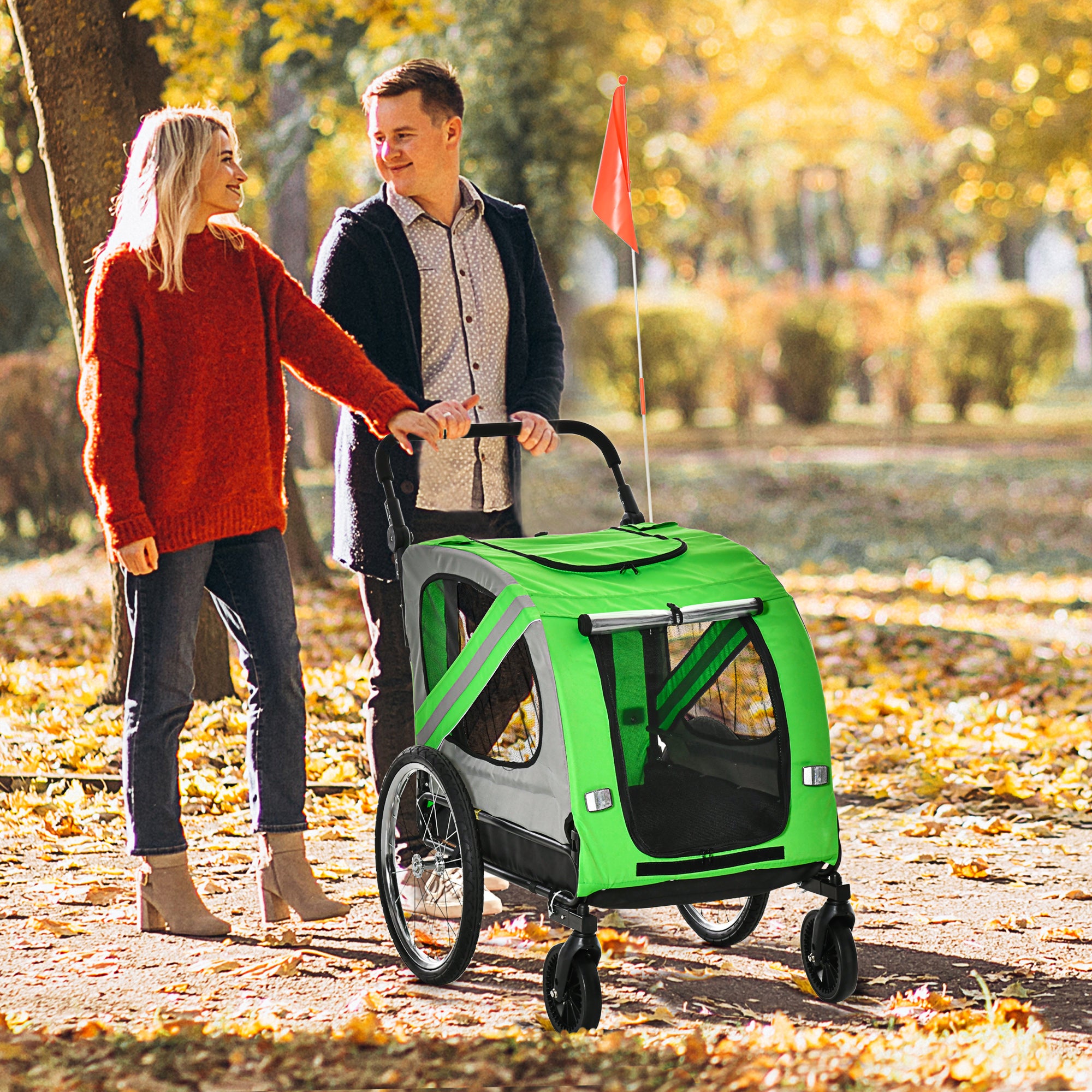PawHut Dog Bike Trailer, 2 in 1 Foldable Dog Stroller with Hitch Coupler, Reflectors, Quick Release Wheels, Flag, Dog Trolley on Wheels for Medium Dogs, Green