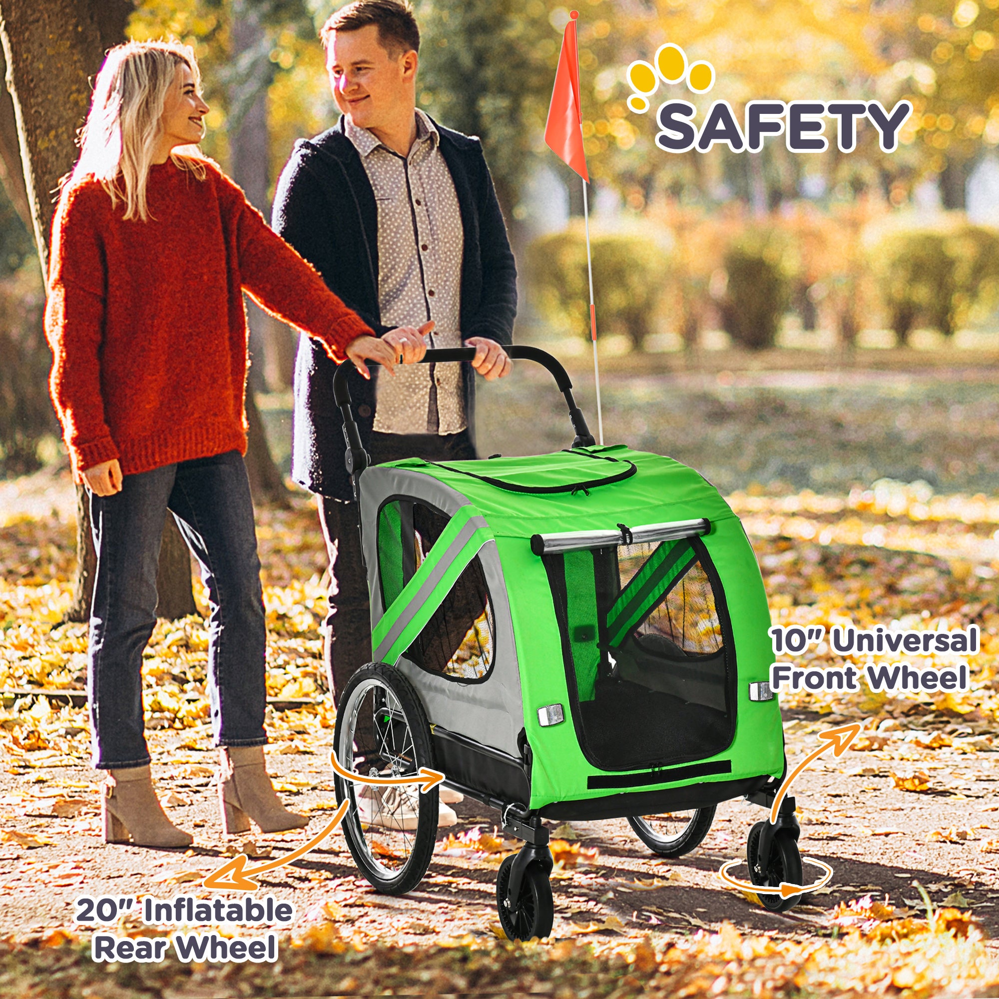 PawHut Dog Bike Trailer, 2 in 1 Foldable Dog Stroller with Hitch Coupler, Reflectors, Quick Release Wheels, Flag, Dog Trolley on Wheels for Medium Dogs, Green