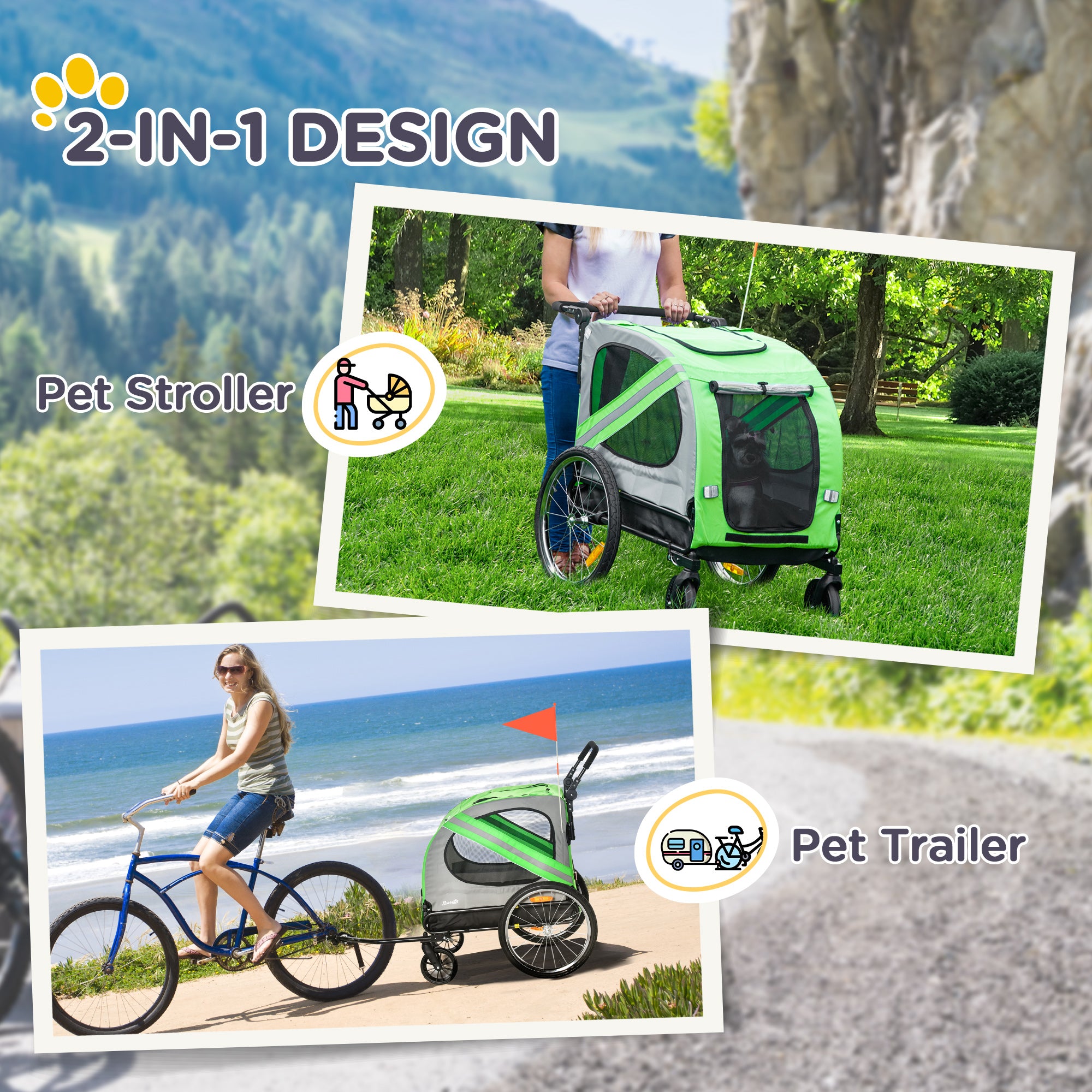 PawHut Dog Bike Trailer, 2 in 1 Foldable Dog Stroller with Hitch Coupler, Reflectors, Quick Release Wheels, Flag, Dog Trolley on Wheels for Medium Dogs, Green