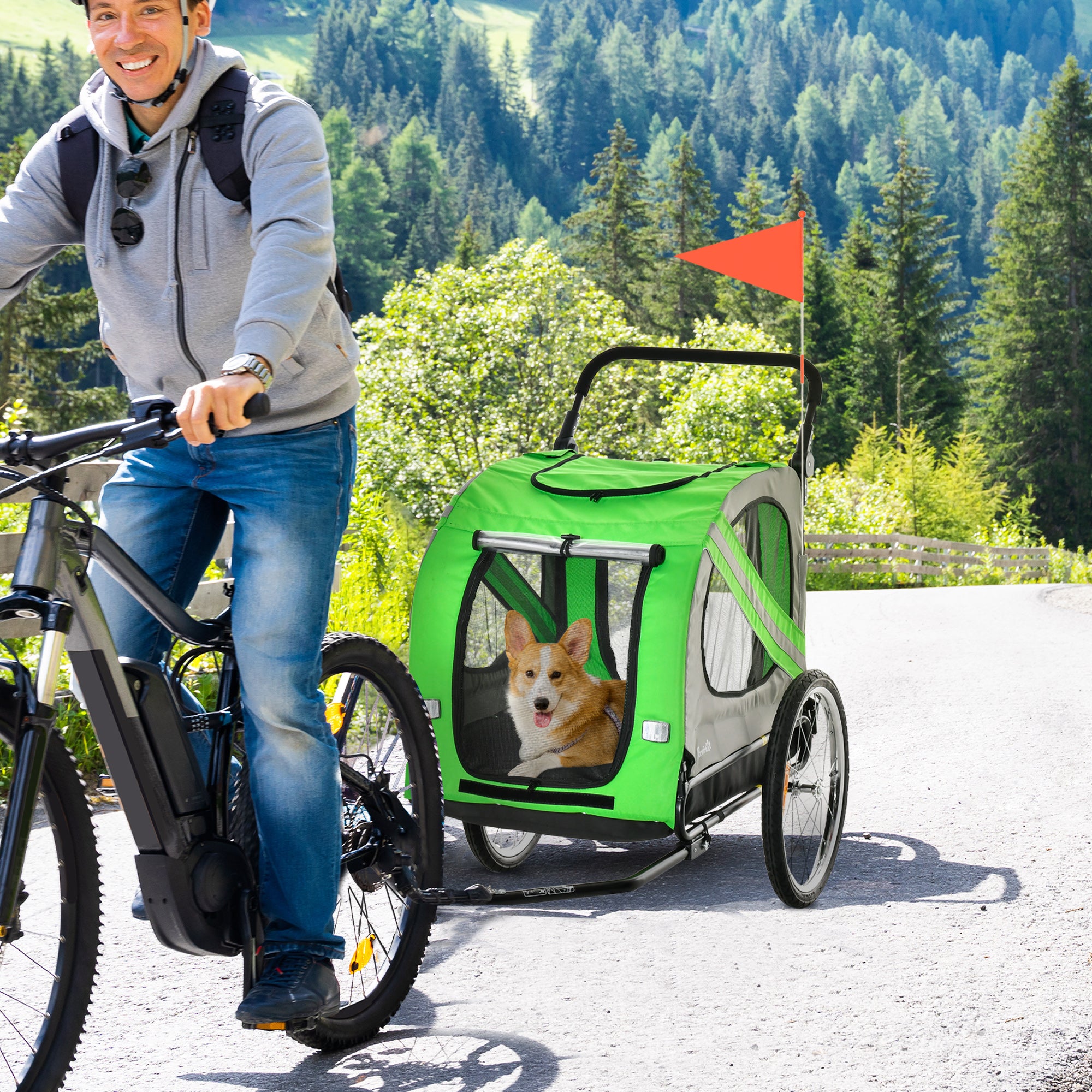 PawHut Dog Bike Trailer, 2 in 1 Foldable Dog Stroller with Hitch Coupler, Reflectors, Quick Release Wheels, Flag, Dog Trolley on Wheels for Medium Dogs, Green