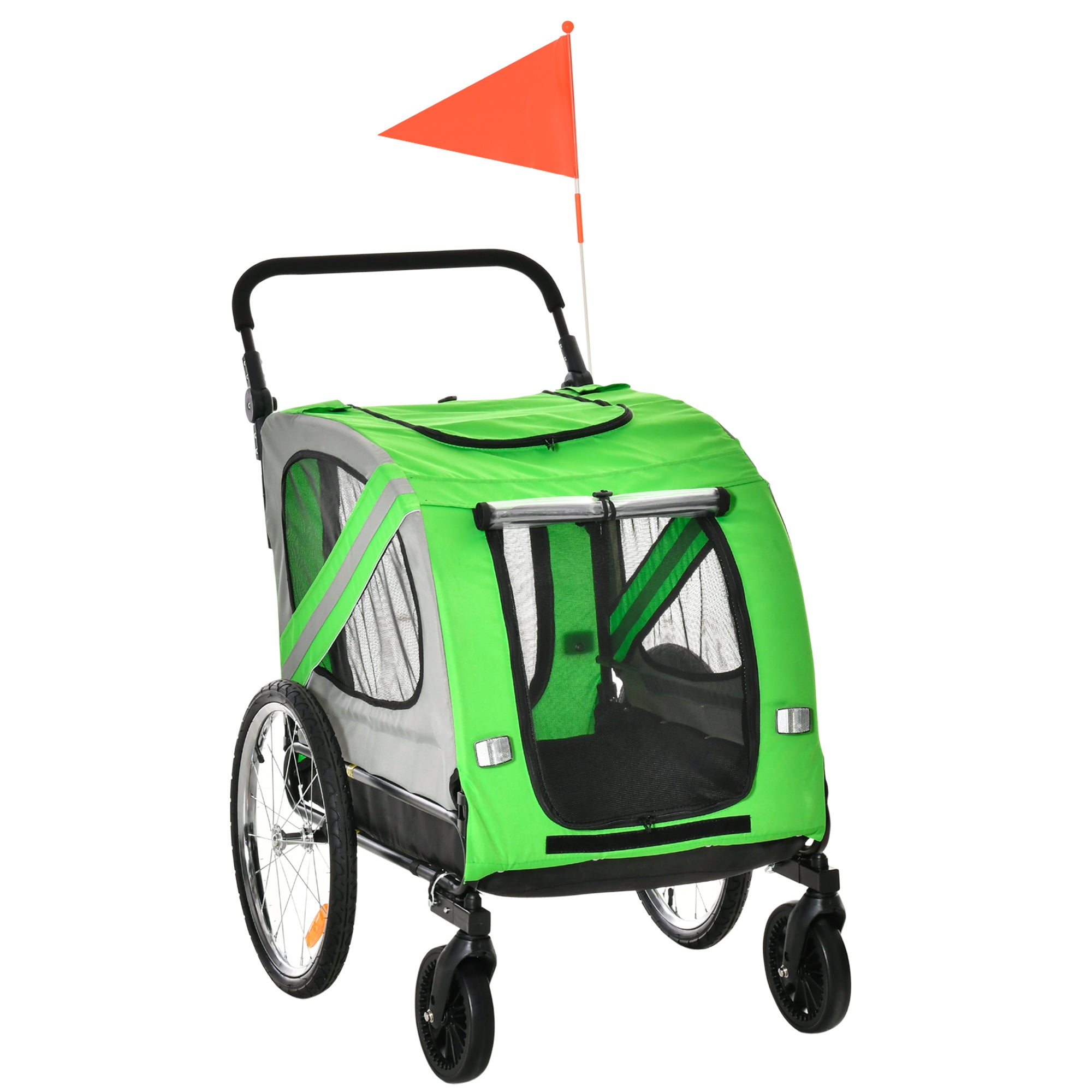 PawHut Dog Bike Trailer, 2 in 1 Foldable Dog Stroller with Hitch Coupler, Reflectors, Quick Release Wheels, Flag, Dog Trolley on Wheels for Medium Dogs, Green