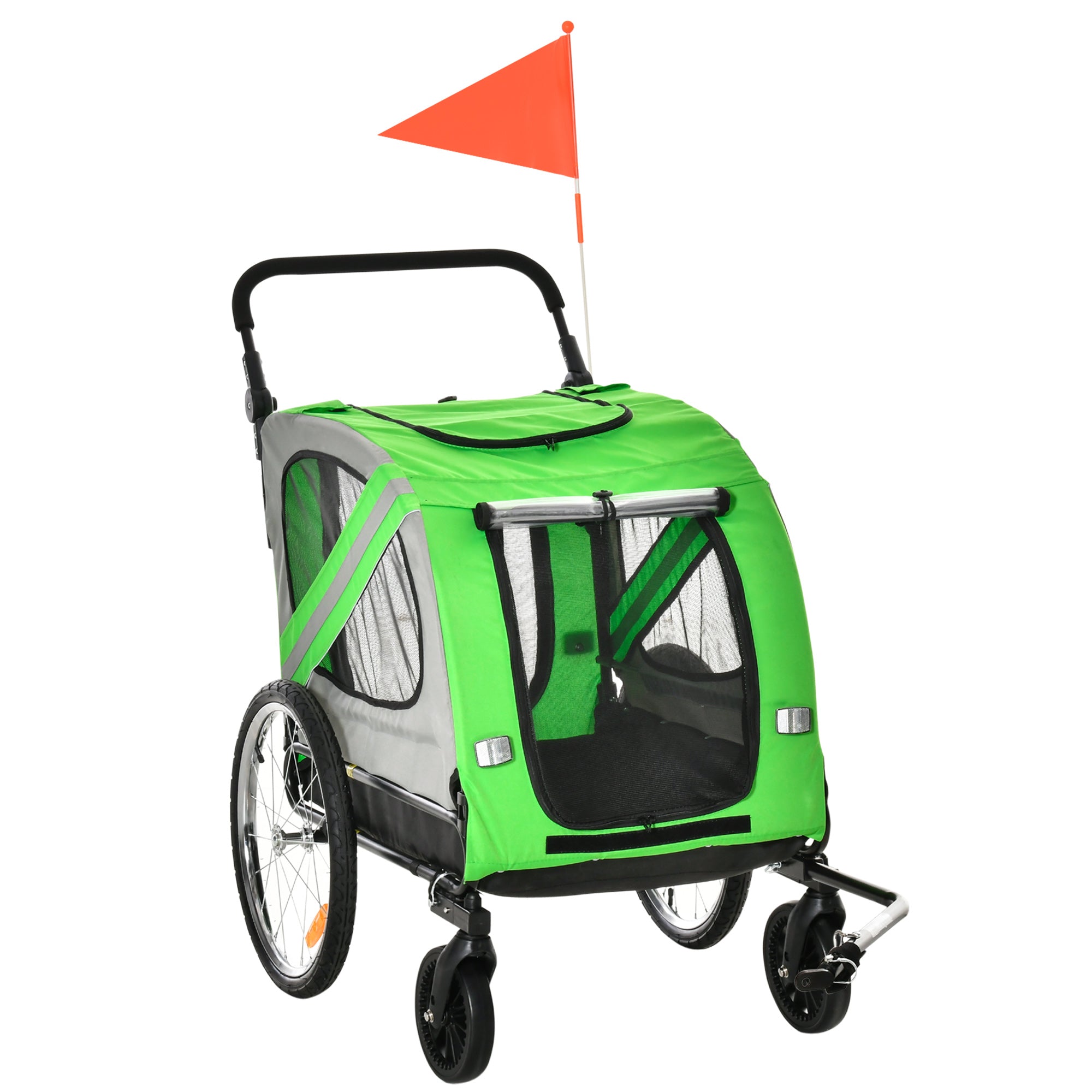 PawHut Dog Bike Trailer, 2 in 1 Foldable Dog Stroller with Hitch Coupler, Reflectors, Quick Release Wheels, Flag, Dog Trolley on Wheels for Medium Dogs, Green