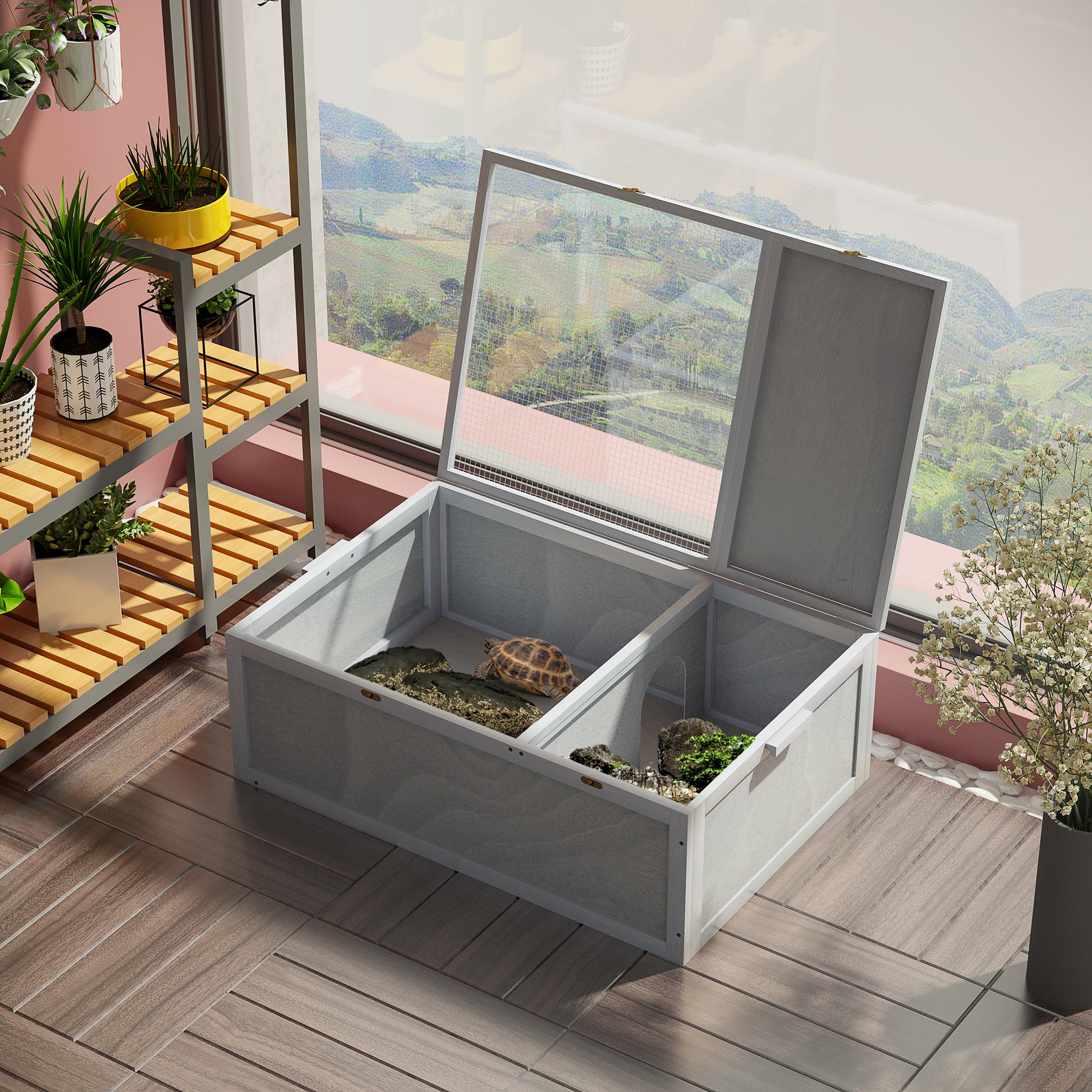 PawHut 37” Wooden Tortoise House Turtle Terrarium/ Small Reptile Enclosure with Two Room Design, Grey