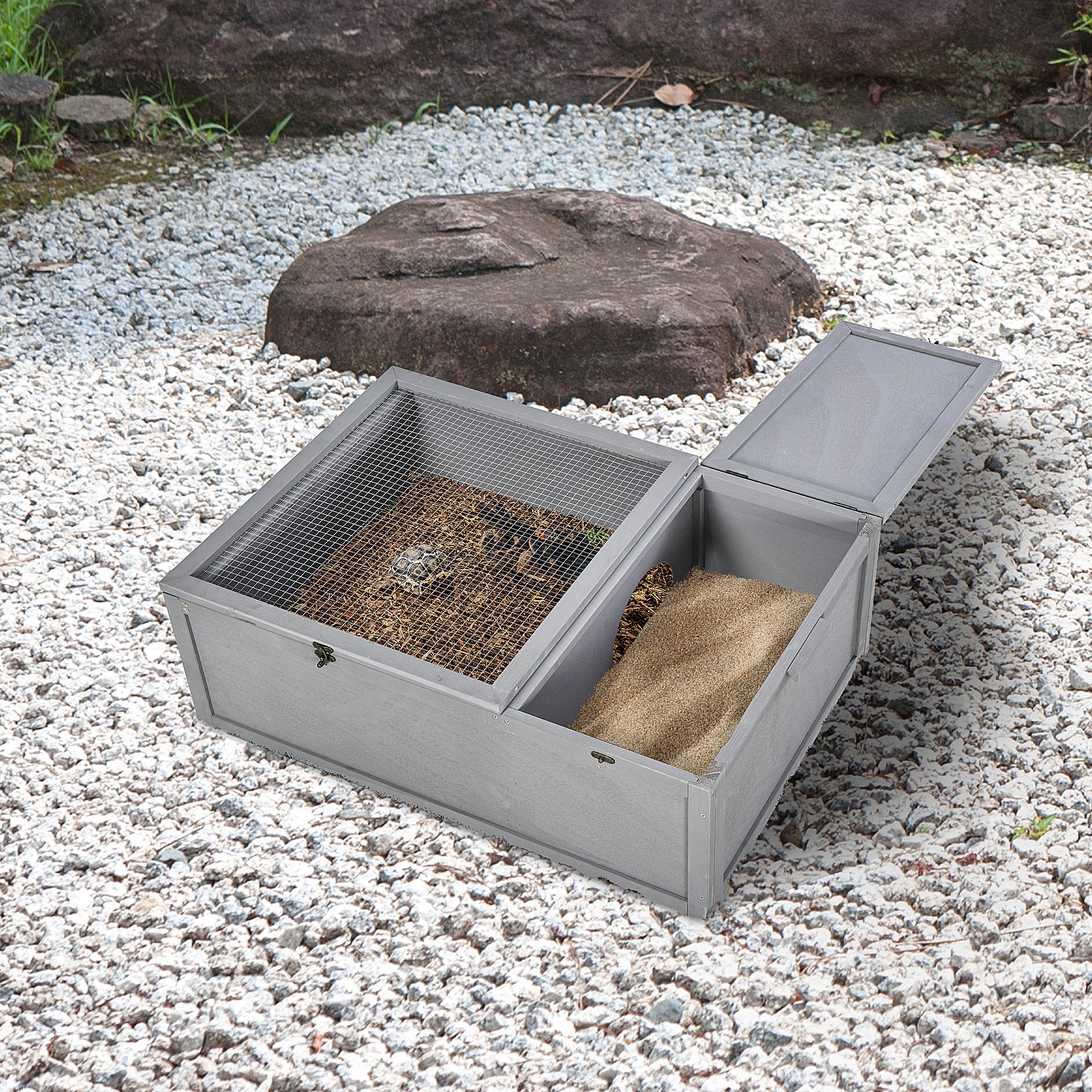 PawHut 37” Wooden Tortoise House Turtle Terrarium/ Small Reptile Enclosure with Two Room Design, Grey