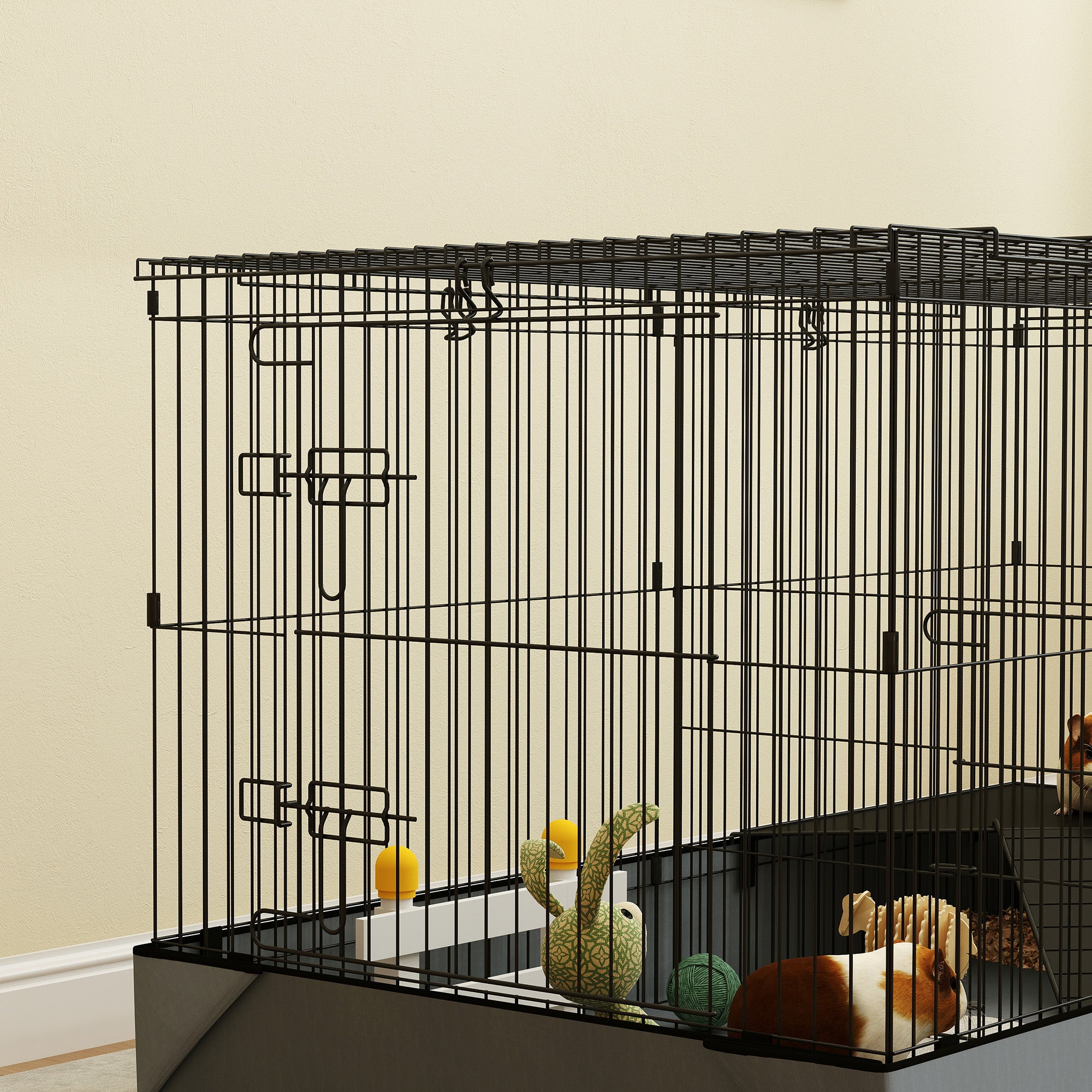 PawHut Guinea Pig Cage with Removable Top, Small Animal Cage Pet Playpen with 2 Separate Area, Waterproof Bottom Liner, Ramp, Perch, for Rabbits, Hedgehogs, Guinea Pigs, Black