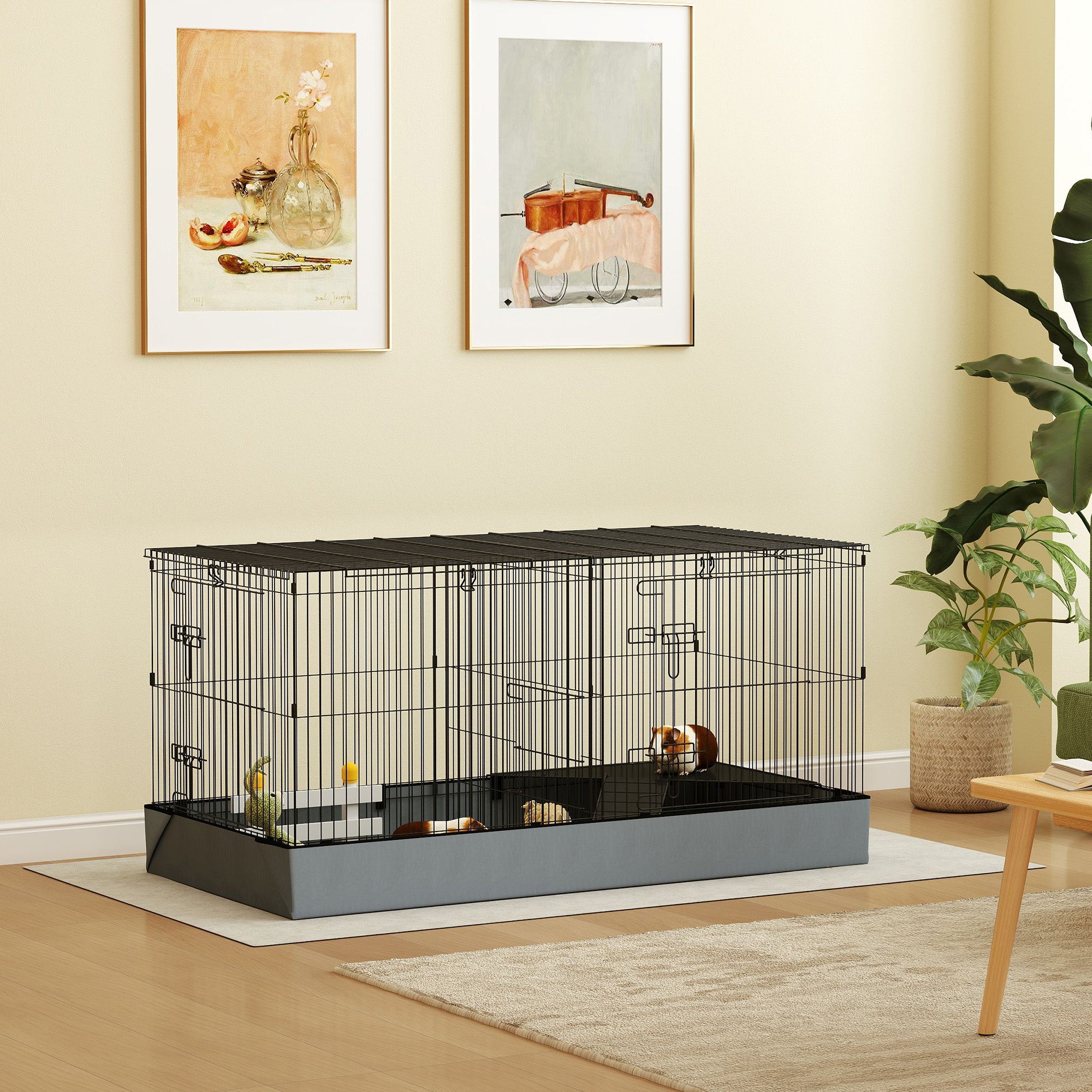 PawHut Guinea Pig Cage with Removable Top, Small Animal Cage Pet Playpen with 2 Separate Area, Waterproof Bottom Liner, Ramp, Perch, for Rabbits, Hedgehogs, Guinea Pigs, Black