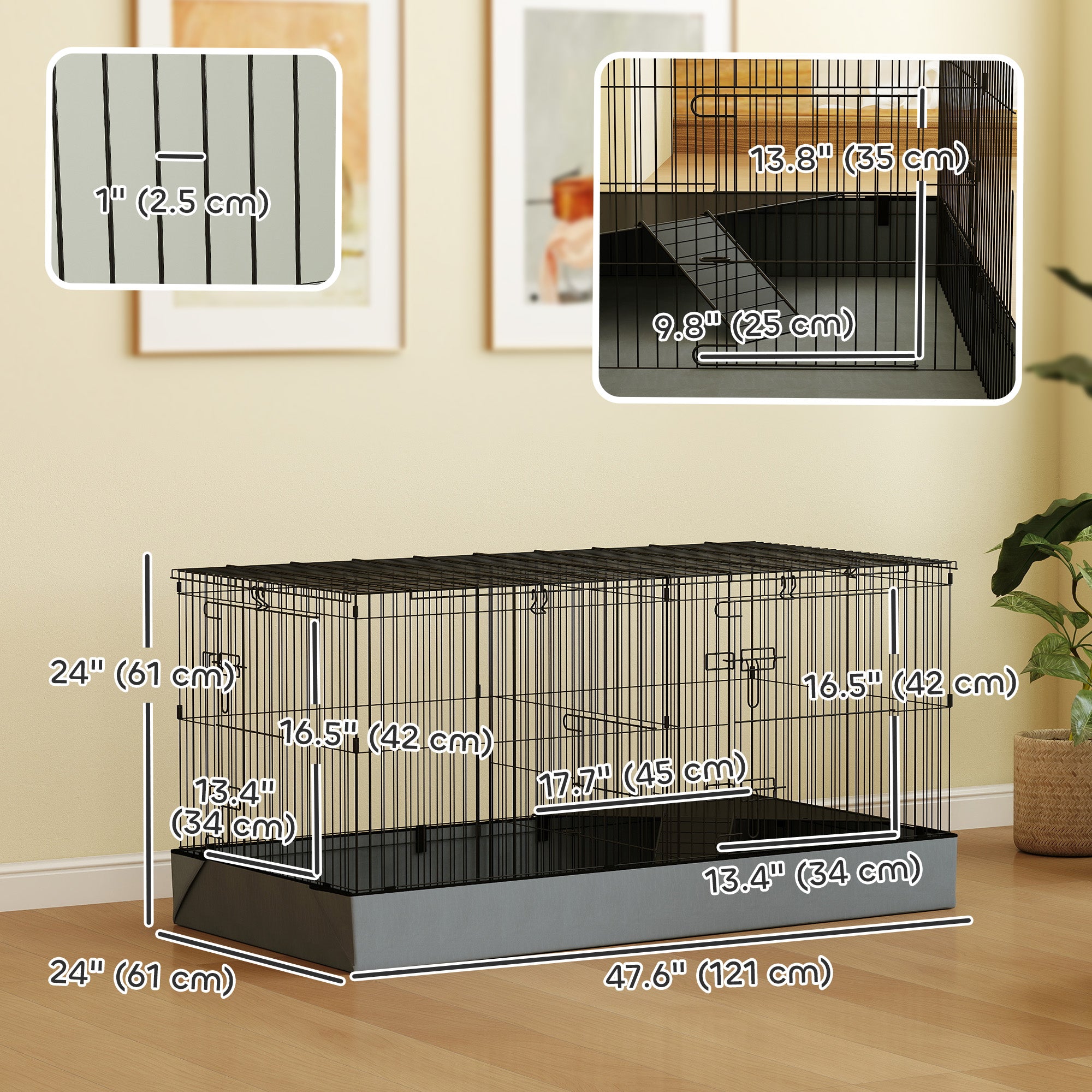 PawHut Guinea Pig Cage with Removable Top, Small Animal Cage Pet Playpen with 2 Separate Area, Waterproof Bottom Liner, Ramp, Perch, for Rabbits, Hedgehogs, Guinea Pigs, Black