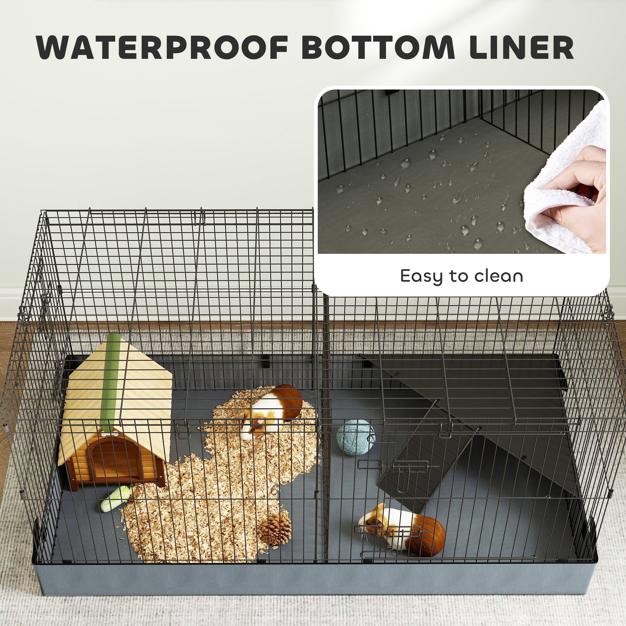 PawHut Guinea Pig Cage with Removable Top, Small Animal Cage Pet Playpen with 2 Separate Area, Waterproof Bottom Liner, Ramp, Perch, for Rabbits, Hedgehogs, Guinea Pigs, Black