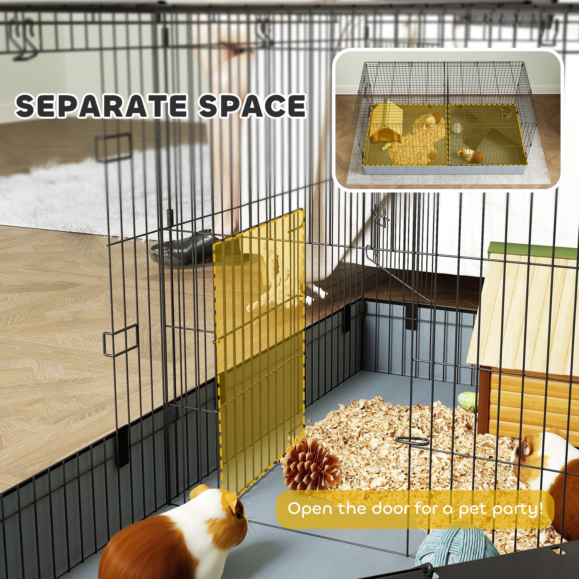 PawHut Guinea Pig Cage with Removable Top, Small Animal Cage Pet Playpen with 2 Separate Area, Waterproof Bottom Liner, Ramp, Perch, for Rabbits, Hedgehogs, Guinea Pigs, Black