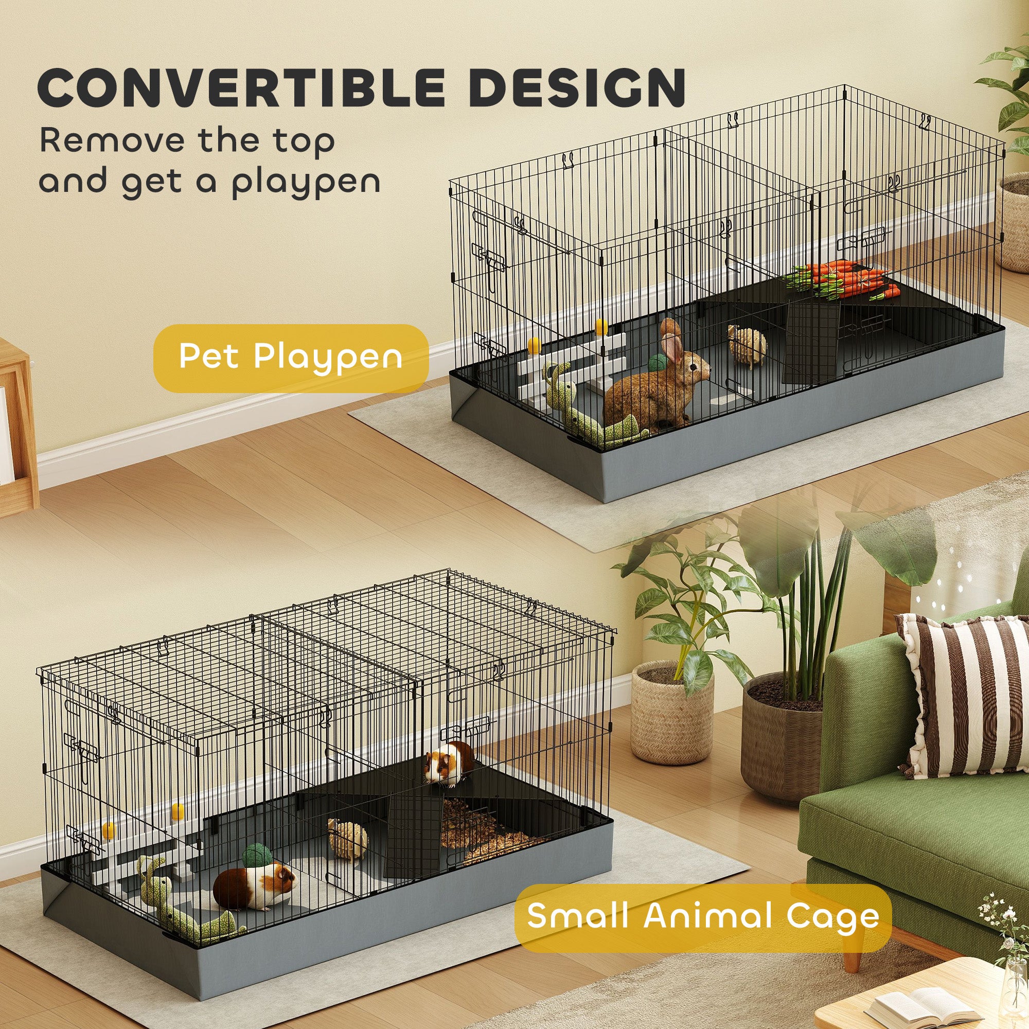 PawHut Guinea Pig Cage with Removable Top, Small Animal Cage Pet Playpen with 2 Separate Area, Waterproof Bottom Liner, Ramp, Perch, for Rabbits, Hedgehogs, Guinea Pigs, Black
