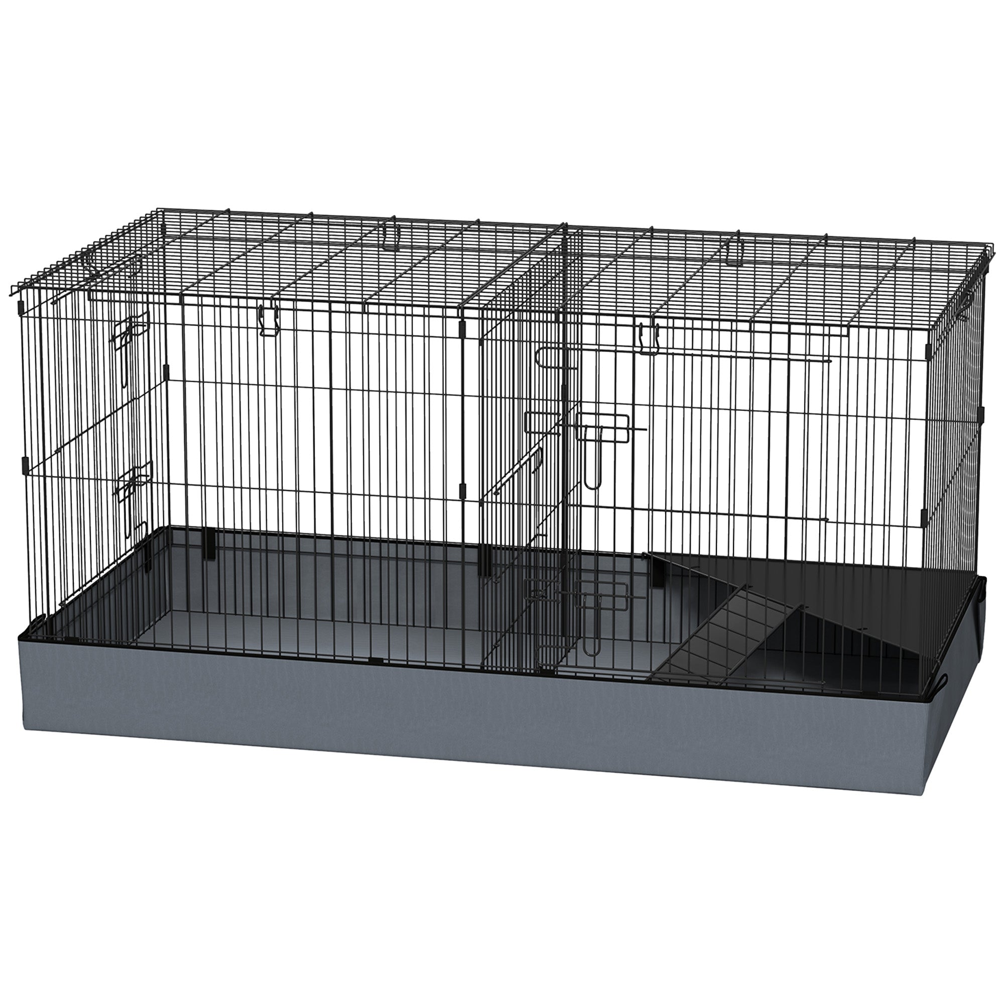 PawHut Guinea Pig Cage with Removable Top, Small Animal Cage Pet Playpen with 2 Separate Area, Waterproof Bottom Liner, Ramp, Perch, for Rabbits, Hedgehogs, Guinea Pigs, Black