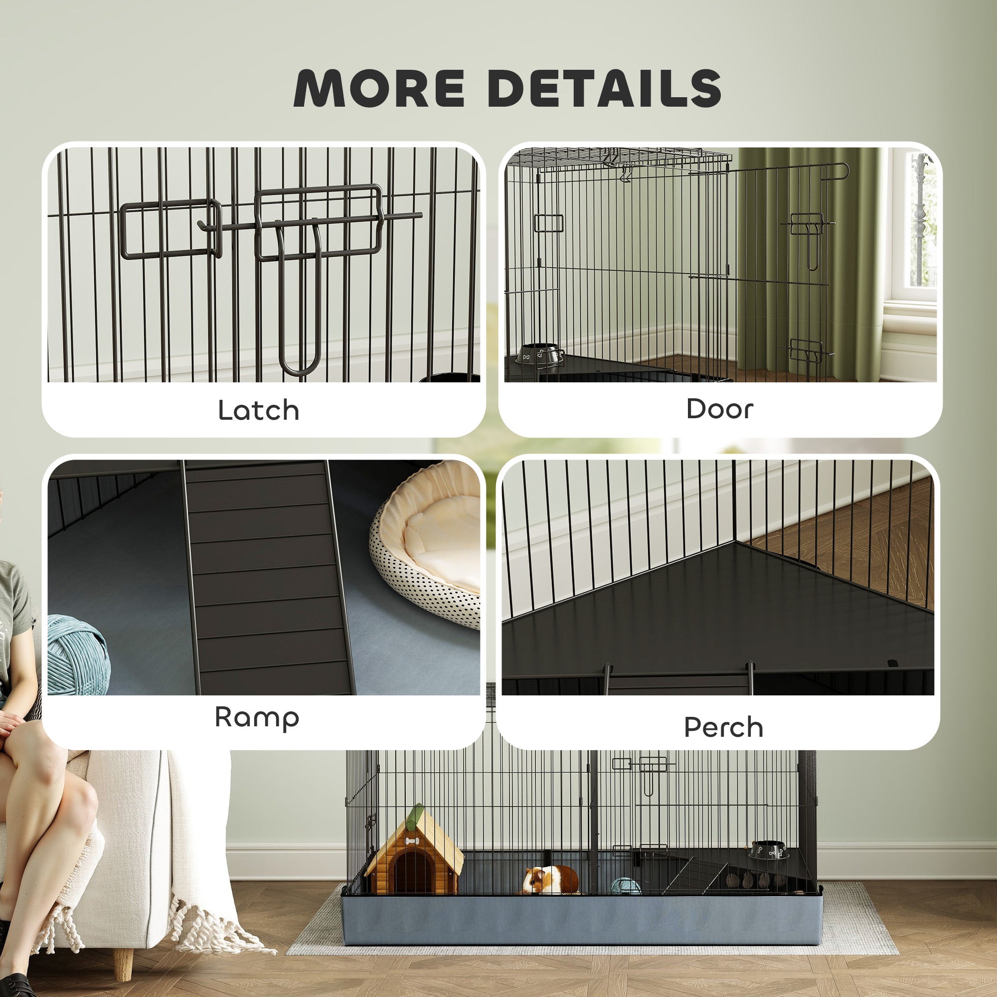 PawHut Guinea Pig Cage with Removable Top, Small Animal Cage Pet Playpen with 2 Separate Area, Waterproof Bottom Liner, Ramp, Perch, for Rabbits, Hedgehogs, Guinea Pigs, Black