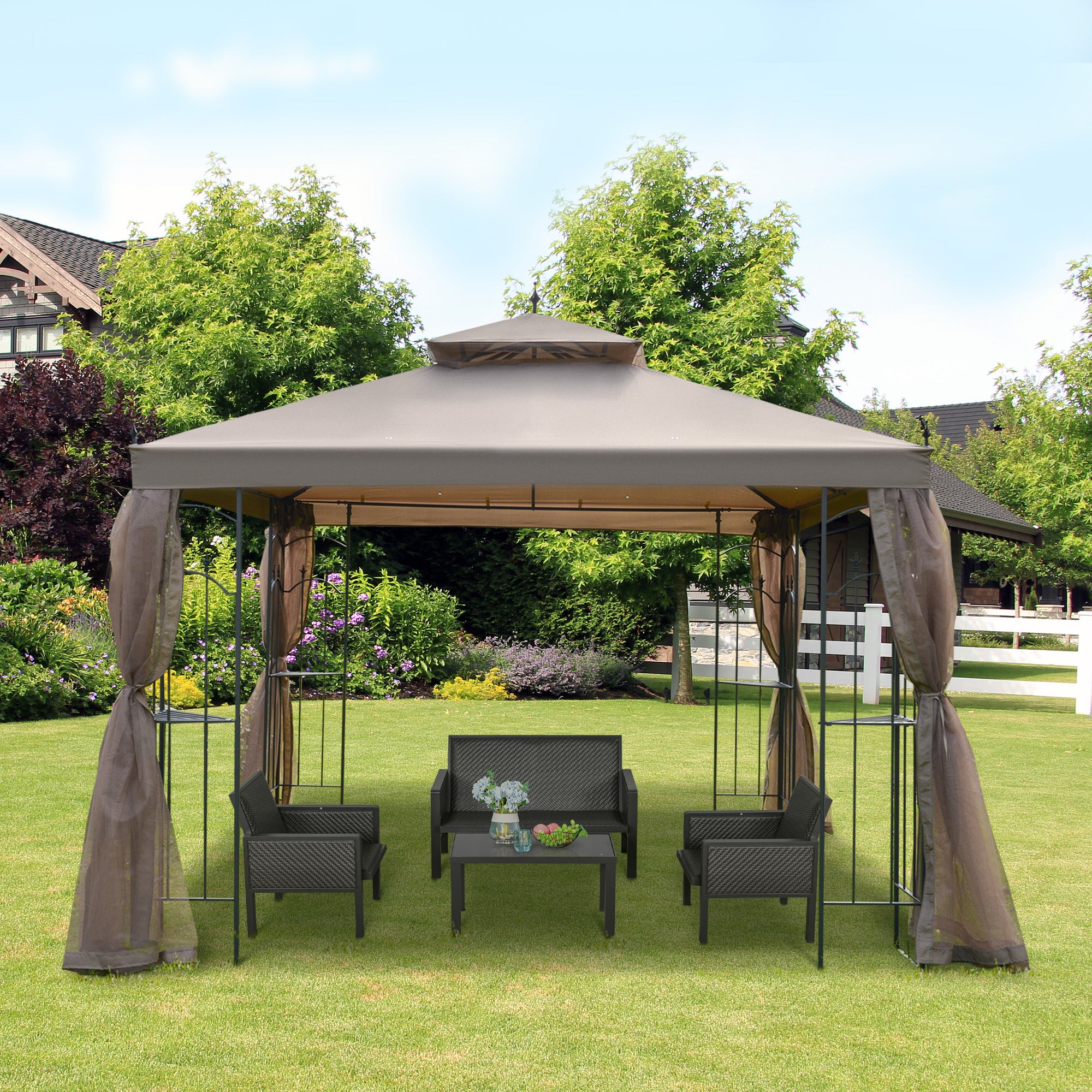 Outsunny 10' x 10' Steel Outdoor Patio Gazebo Canopy with Removable Mesh Curtains, Display Shelves, & Steel Frame, Brown