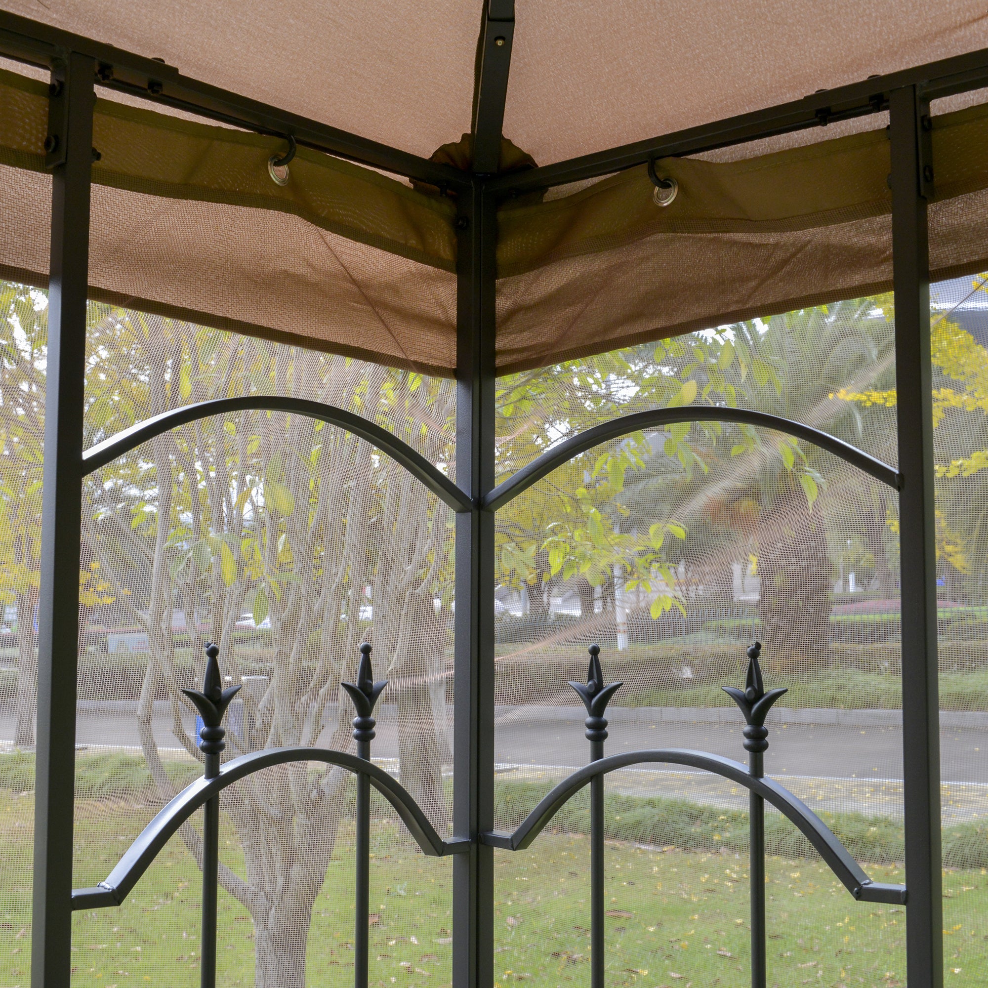 Outsunny 10' x 10' Steel Outdoor Patio Gazebo Canopy with Removable Mesh Curtains, Display Shelves, & Steel Frame, Brown
