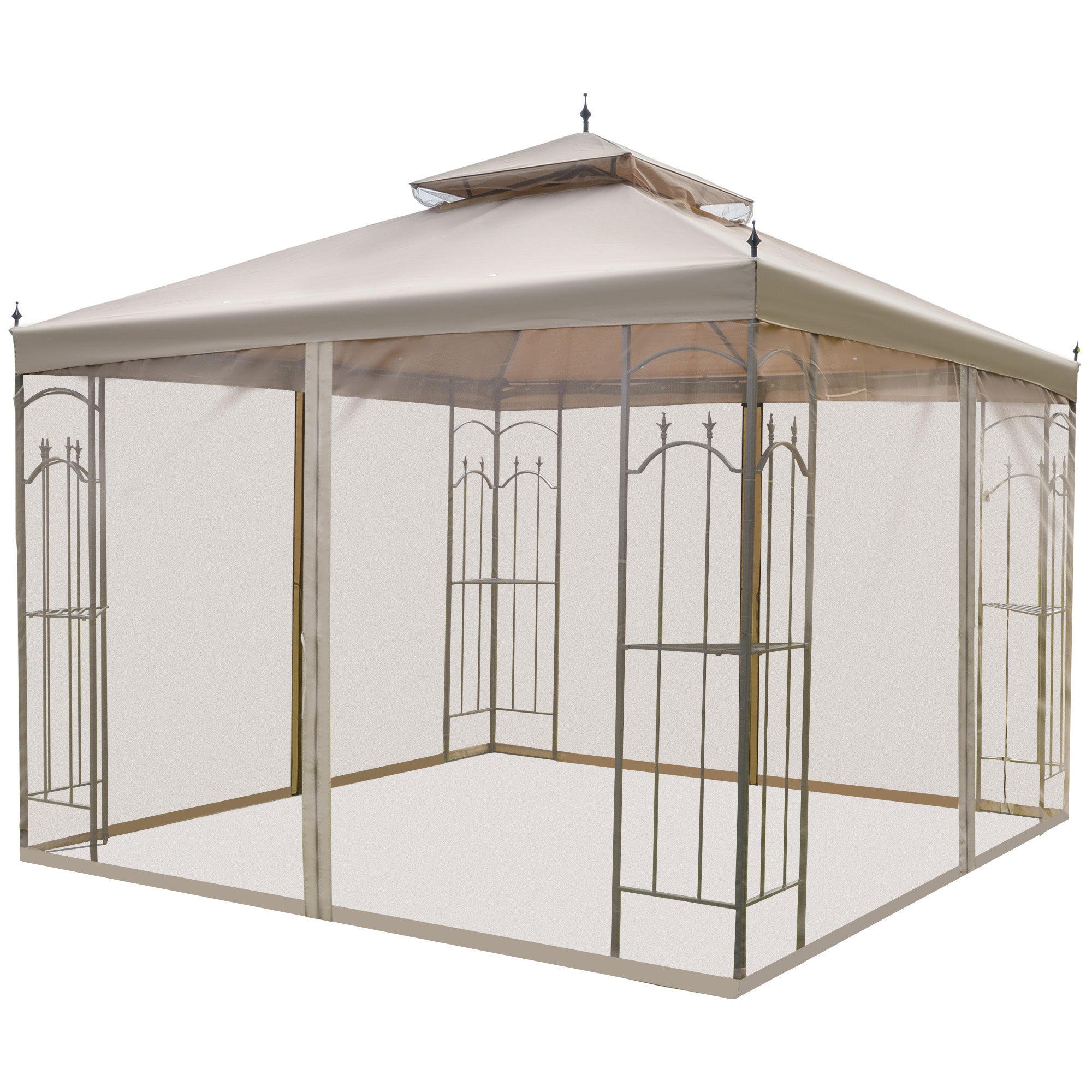 Outsunny 10' x 10' Steel Outdoor Patio Gazebo Canopy with Removable Mesh Curtains, Display Shelves, & Steel Frame, Brown
