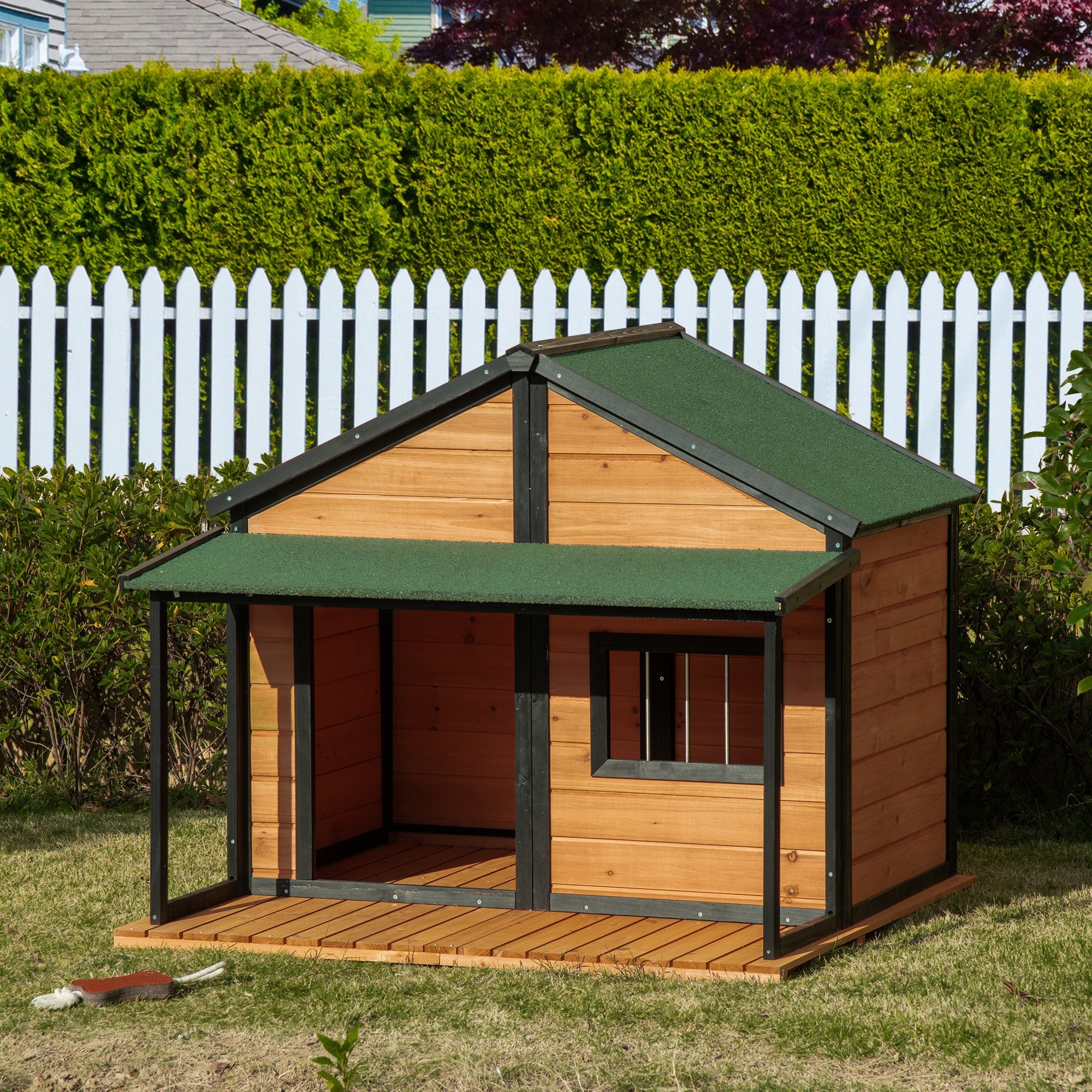 PawHut Outdoor Dog House Cabin Style, Wooden Raised Pet Kennel with Asphalt Roof, Front Door, Side Window, Porch for Medium/Large Dogs, Loading 53 Lbs., Yellow