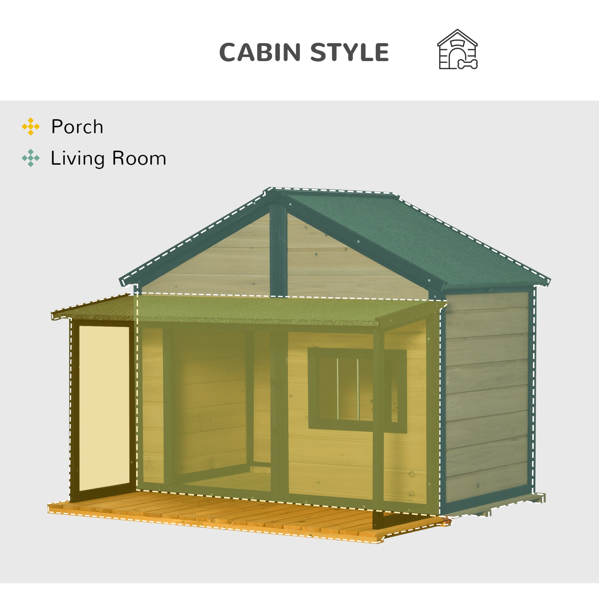 PawHut Outdoor Dog House Cabin Style, Wooden Raised Pet Kennel with Asphalt Roof, Front Door, Side Window, Porch for Medium/Large Dogs, Loading 53 Lbs., Yellow