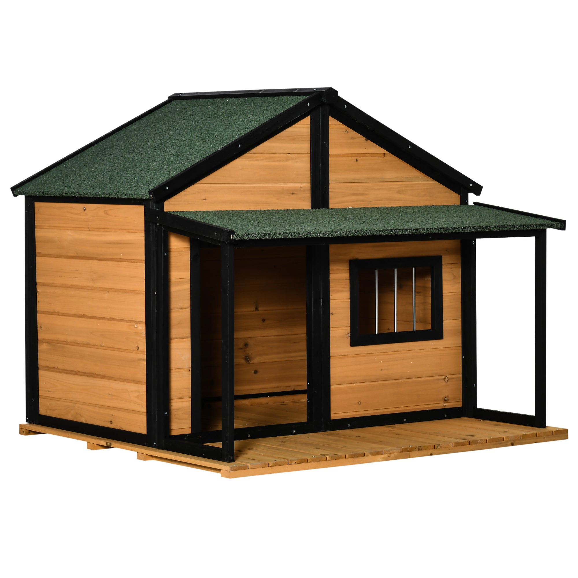 PawHut Outdoor Dog House Cabin Style, Wooden Raised Pet Kennel with Asphalt Roof, Front Door, Side Window, Porch for Medium/Large Dogs, Loading 53 Lbs., Yellow