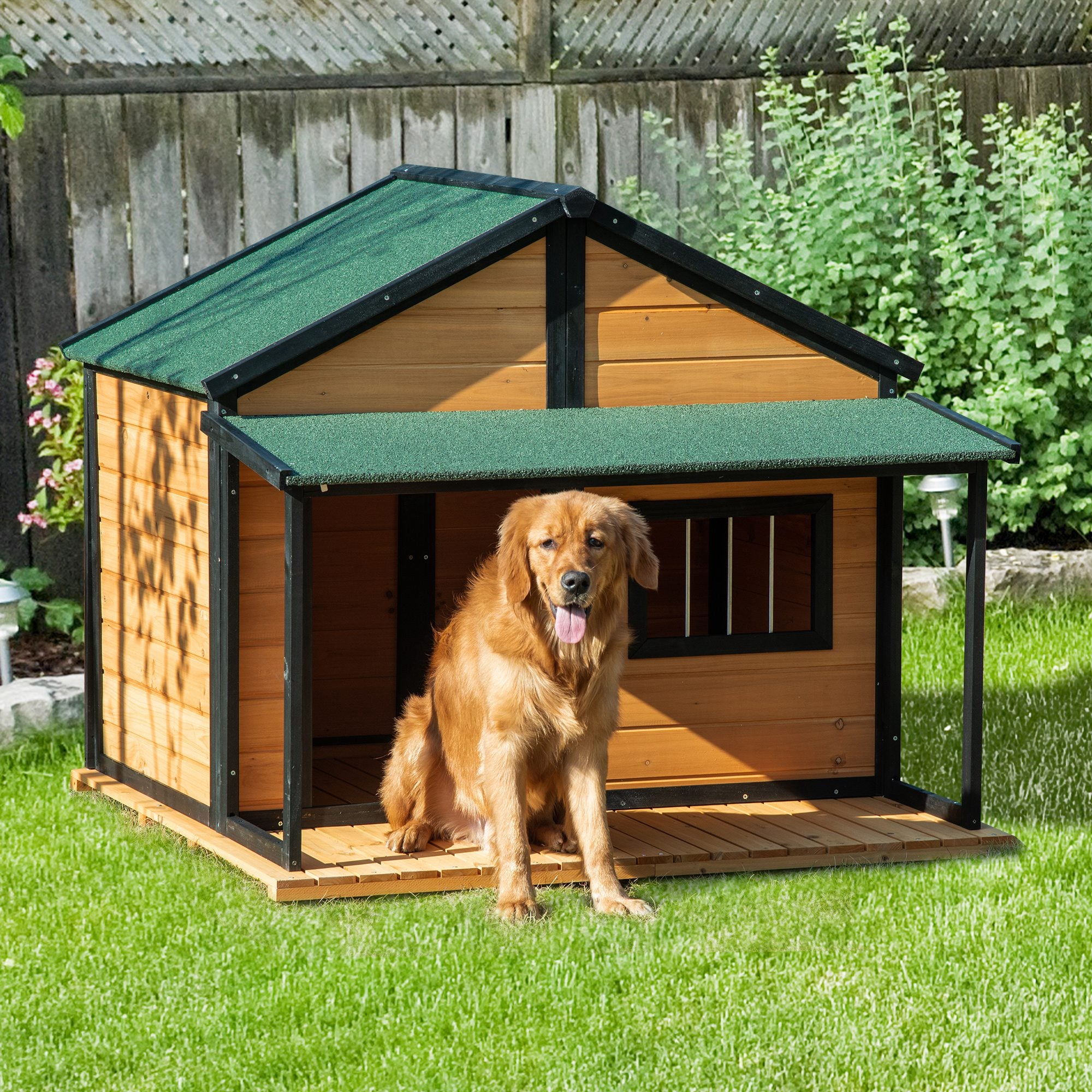 PawHut Outdoor Dog House Cabin Style, Wooden Raised Pet Kennel with Asphalt Roof, Front Door, Side Window, Porch for Medium and Large Dogs, Gray