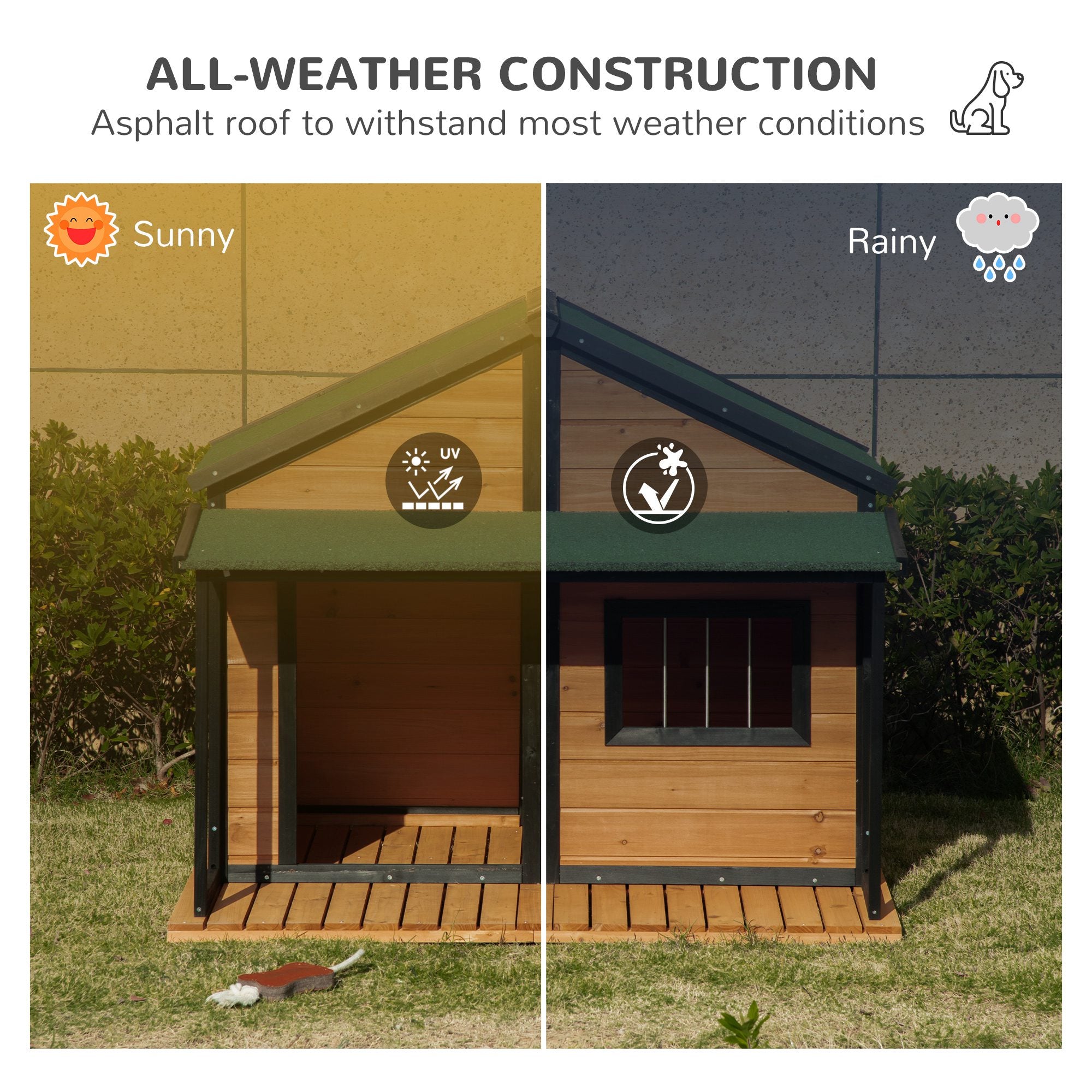 PawHut Outdoor Dog House Cabin Style, Wooden Raised Pet Kennel with Asphalt Roof, Front Door, Side Window, Porch for Medium/Large Dogs, Loading 53 Lbs., Yellow