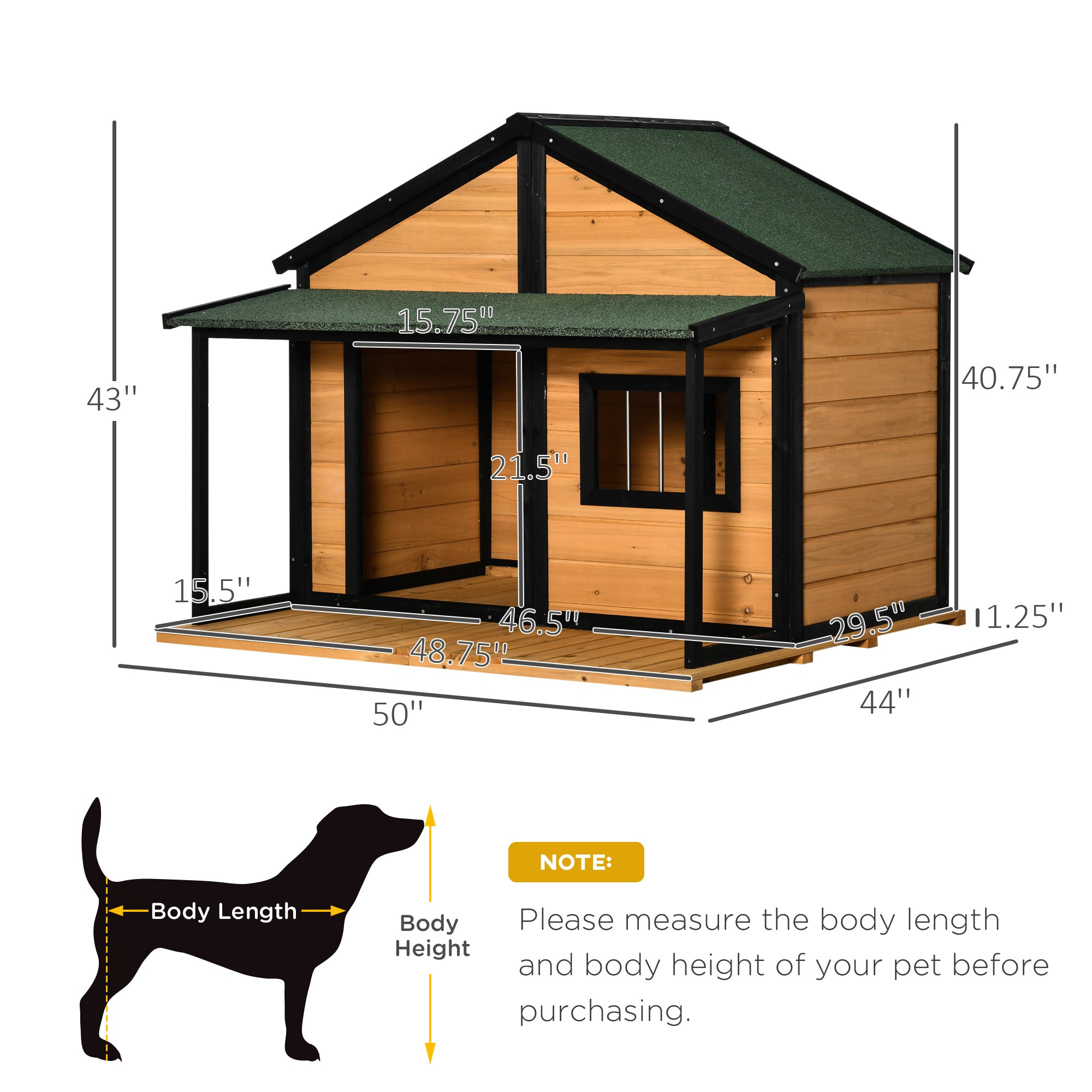 PawHut Outdoor Dog House Cabin Style, Wooden Raised Pet Kennel with Asphalt Roof, Front Door, Side Window, Porch for Medium/Large Dogs, Loading 53 Lbs., Yellow