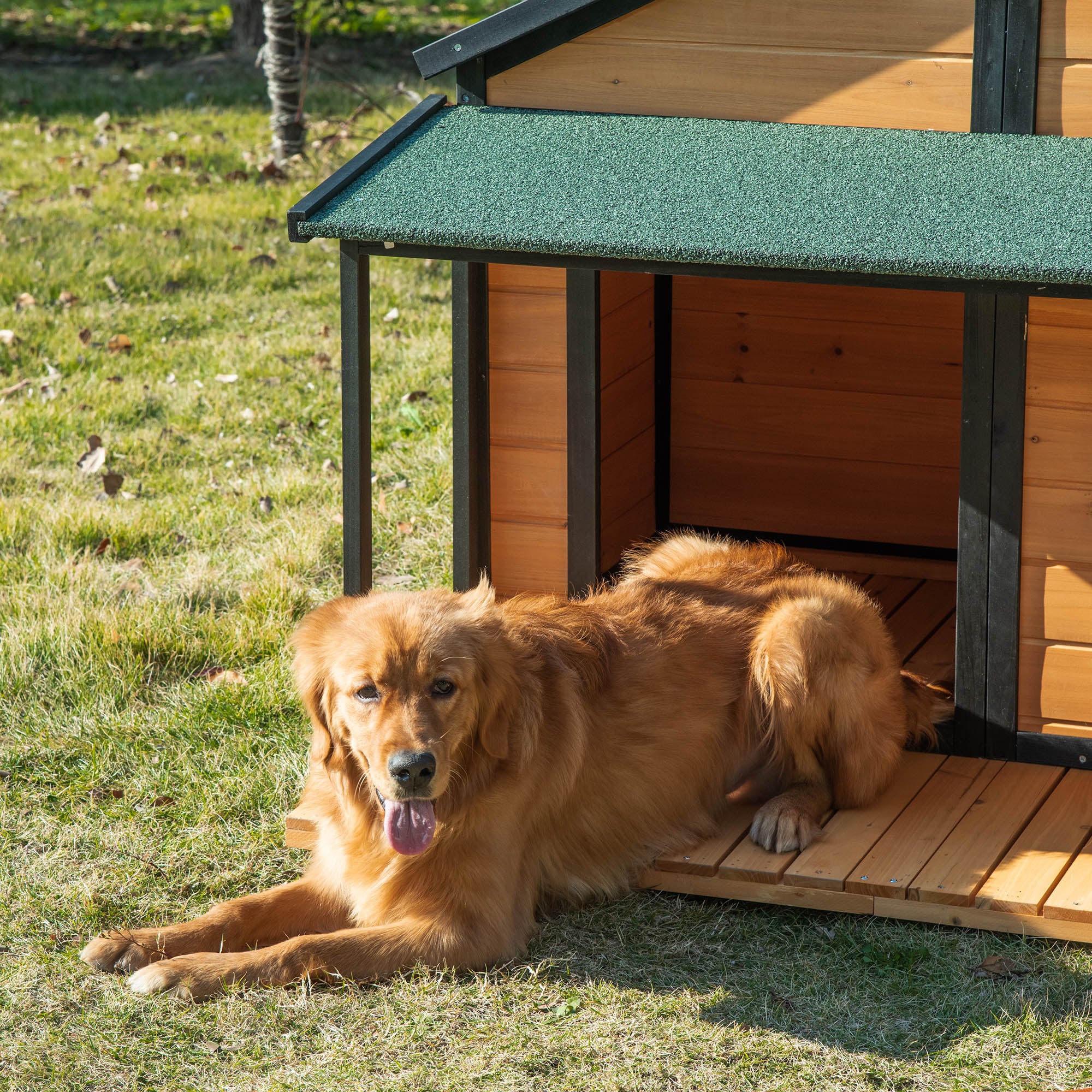 PawHut Outdoor Dog House Cabin Style, Wooden Raised Pet Kennel with Asphalt Roof, Front Door, Side Window, Porch for Medium/Large Dogs, Loading 53 Lbs., Yellow