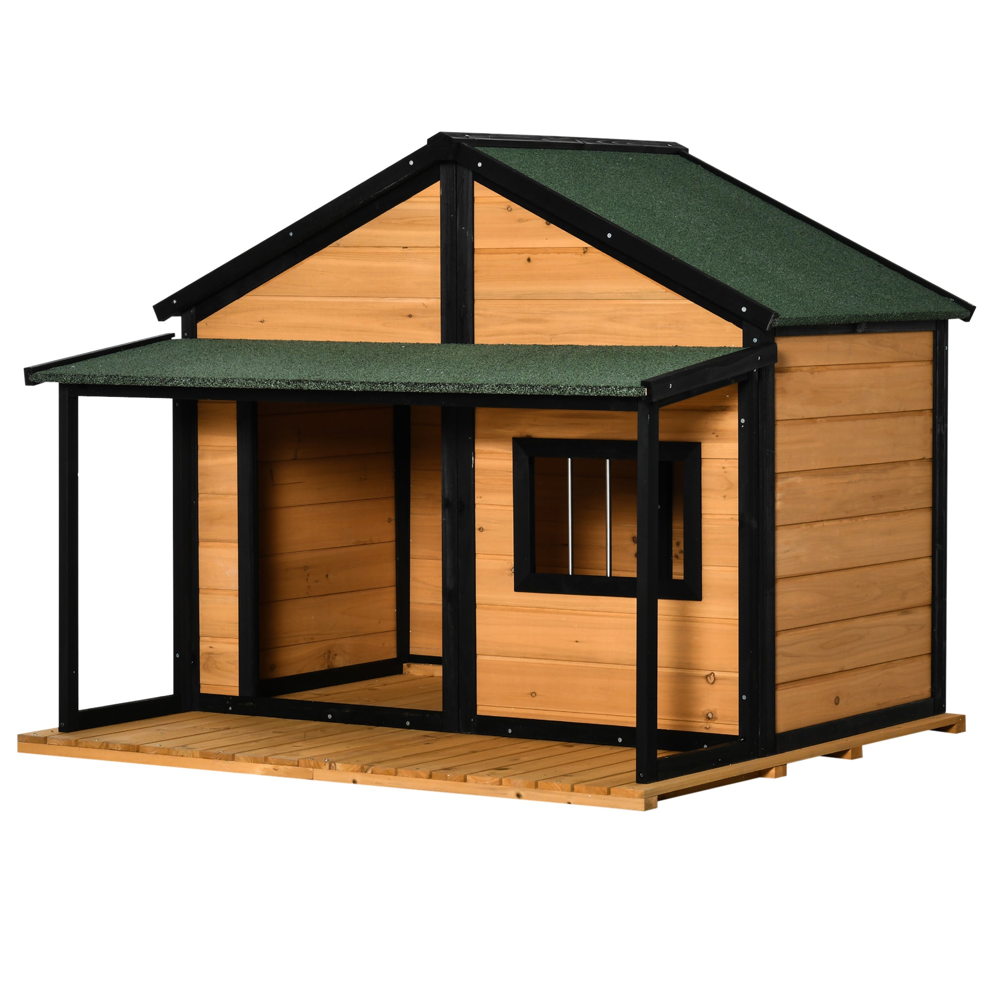 PawHut Outdoor Dog House Cabin Style, Wooden Raised Pet Kennel with Asphalt Roof, Front Door, Side Window, Porch for Medium/Large Dogs, Loading 53 Lbs., Yellow
