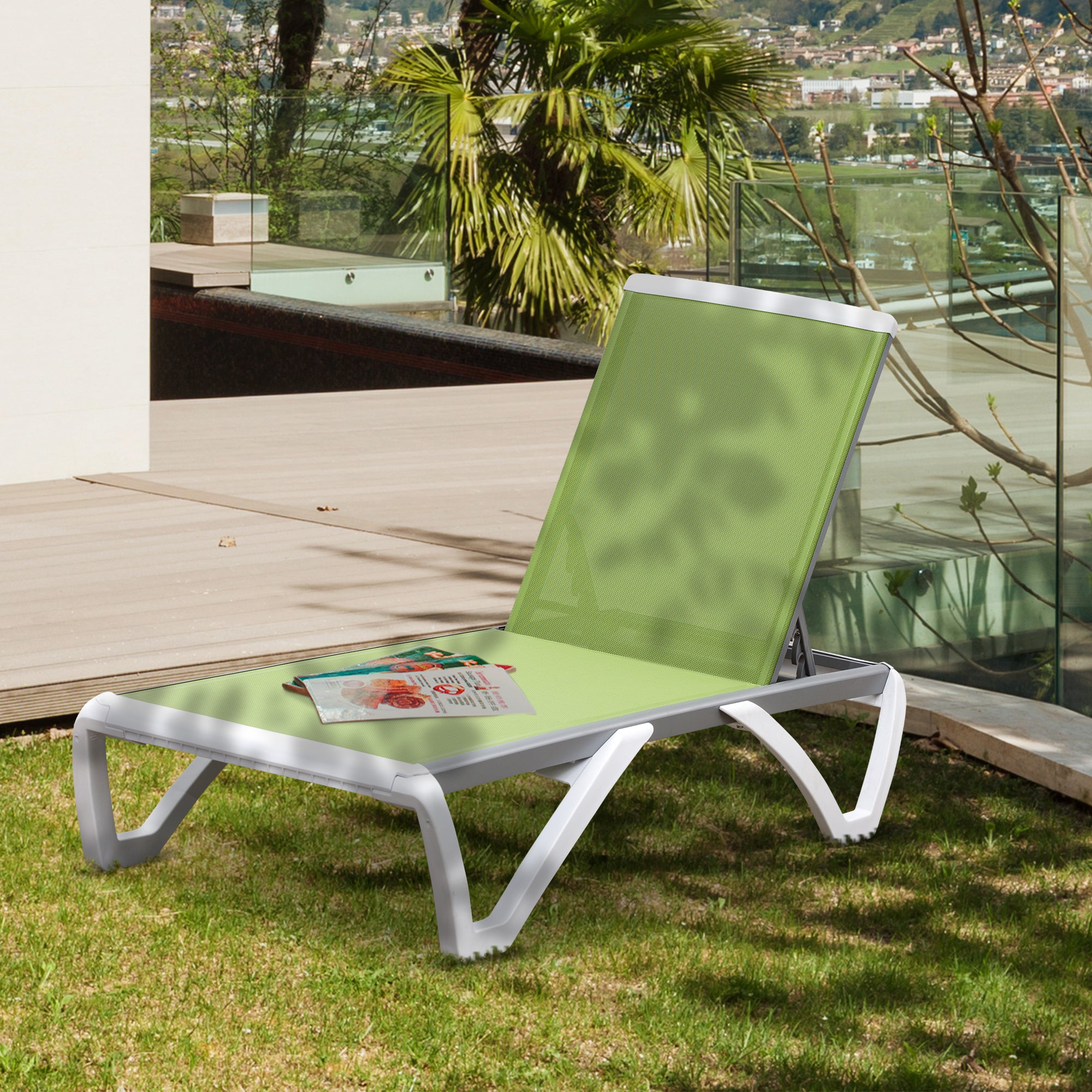 Outsunny Outdoor Chaise Lounge Chair, Patio Aluminum Tanning Chair with 5-Level Adjustable Back, Portable Wheels, Breathable Mesh Fabric, for Pool, Deck, Garden, Green