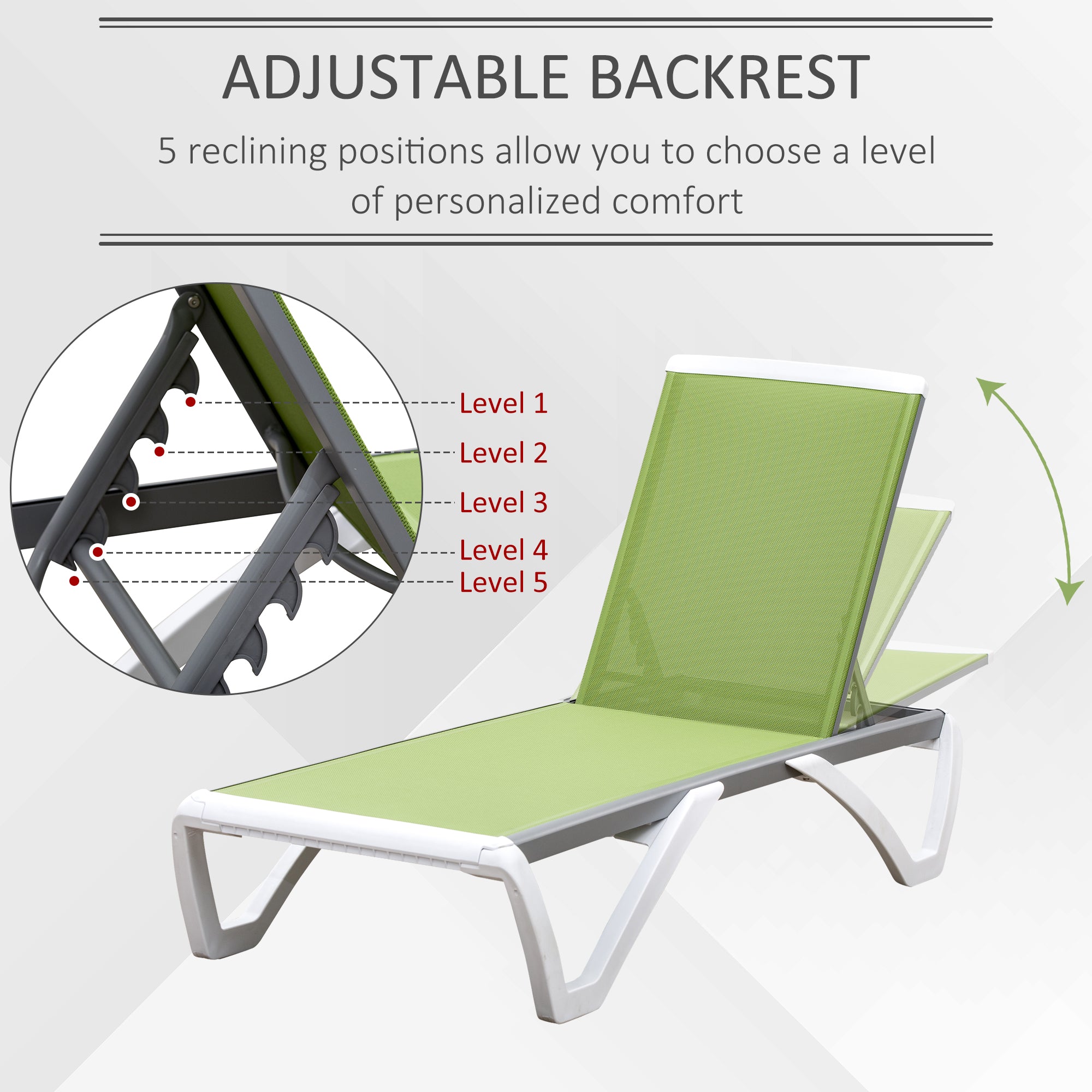 Outsunny Outdoor Chaise Lounge Chair, Patio Aluminum Tanning Chair with 5-Level Adjustable Back, Portable Wheels, Breathable Mesh Fabric, for Pool, Deck, Garden, Green