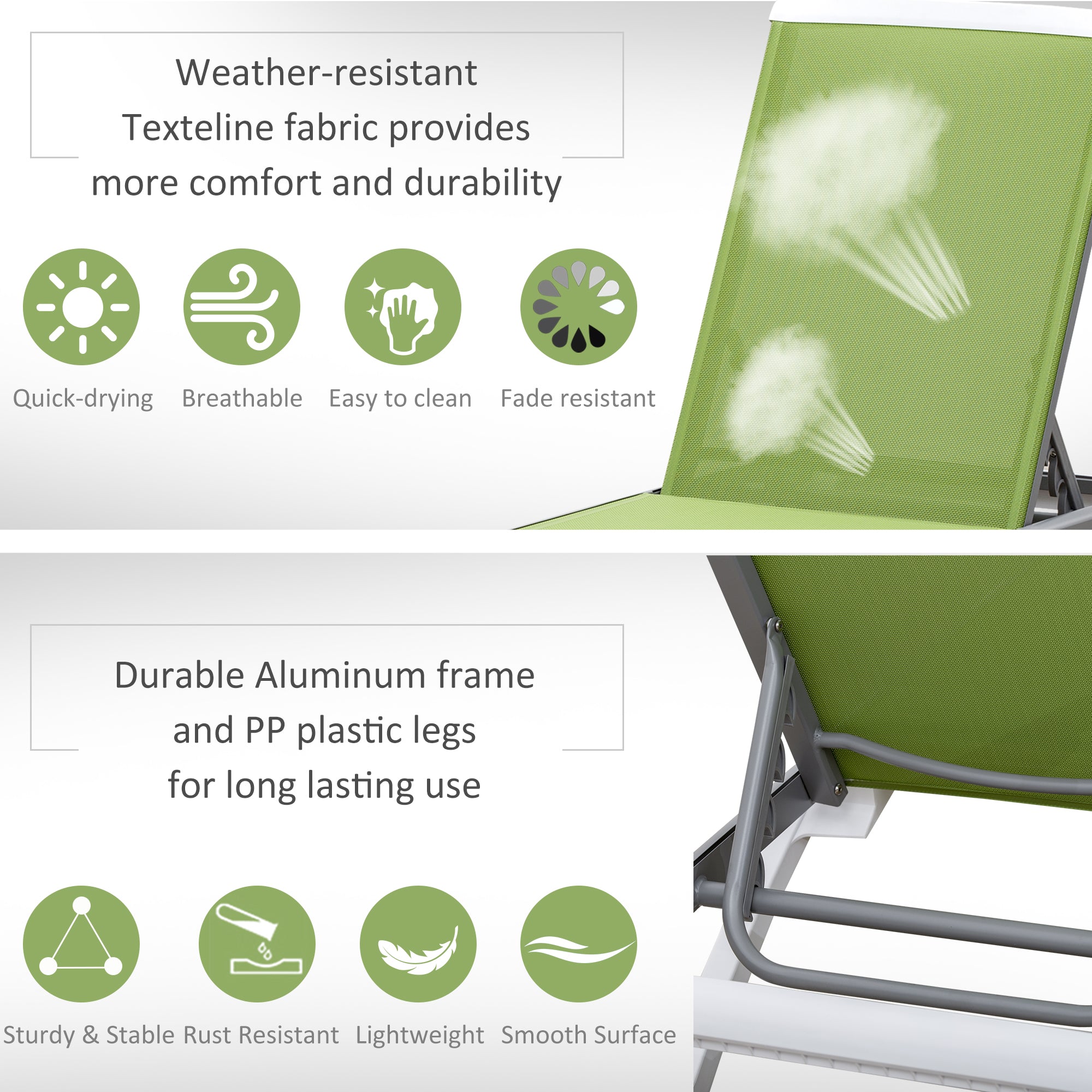 Outsunny Outdoor Chaise Lounge Chair, Patio Aluminum Tanning Chair with 5-Level Adjustable Back, Portable Wheels, Breathable Mesh Fabric, for Pool, Deck, Garden, Green