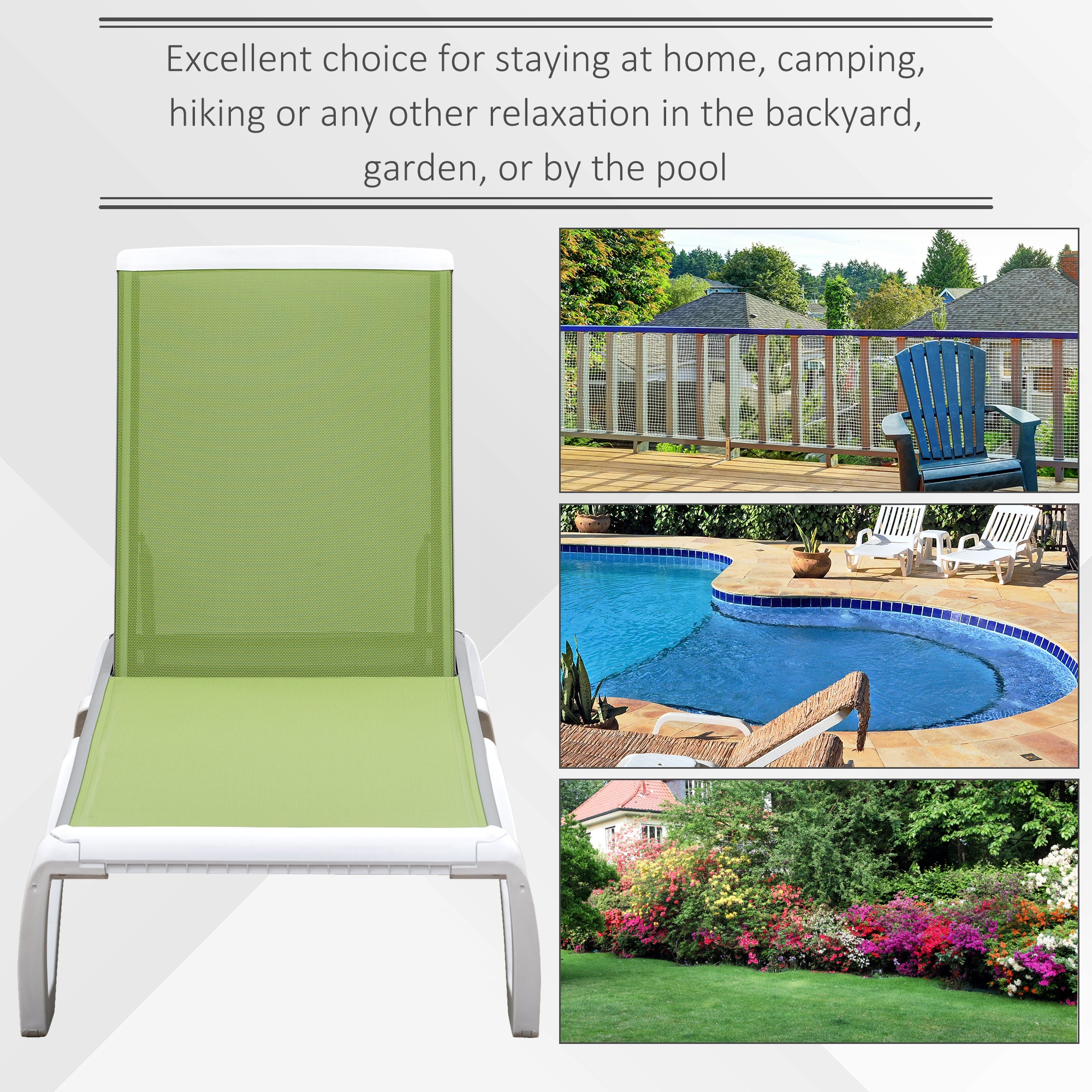 Outsunny Outdoor Chaise Lounge Chair, Patio Aluminum Tanning Chair with 5-Level Adjustable Back, Portable Wheels, Breathable Mesh Fabric, for Pool, Deck, Garden, Green