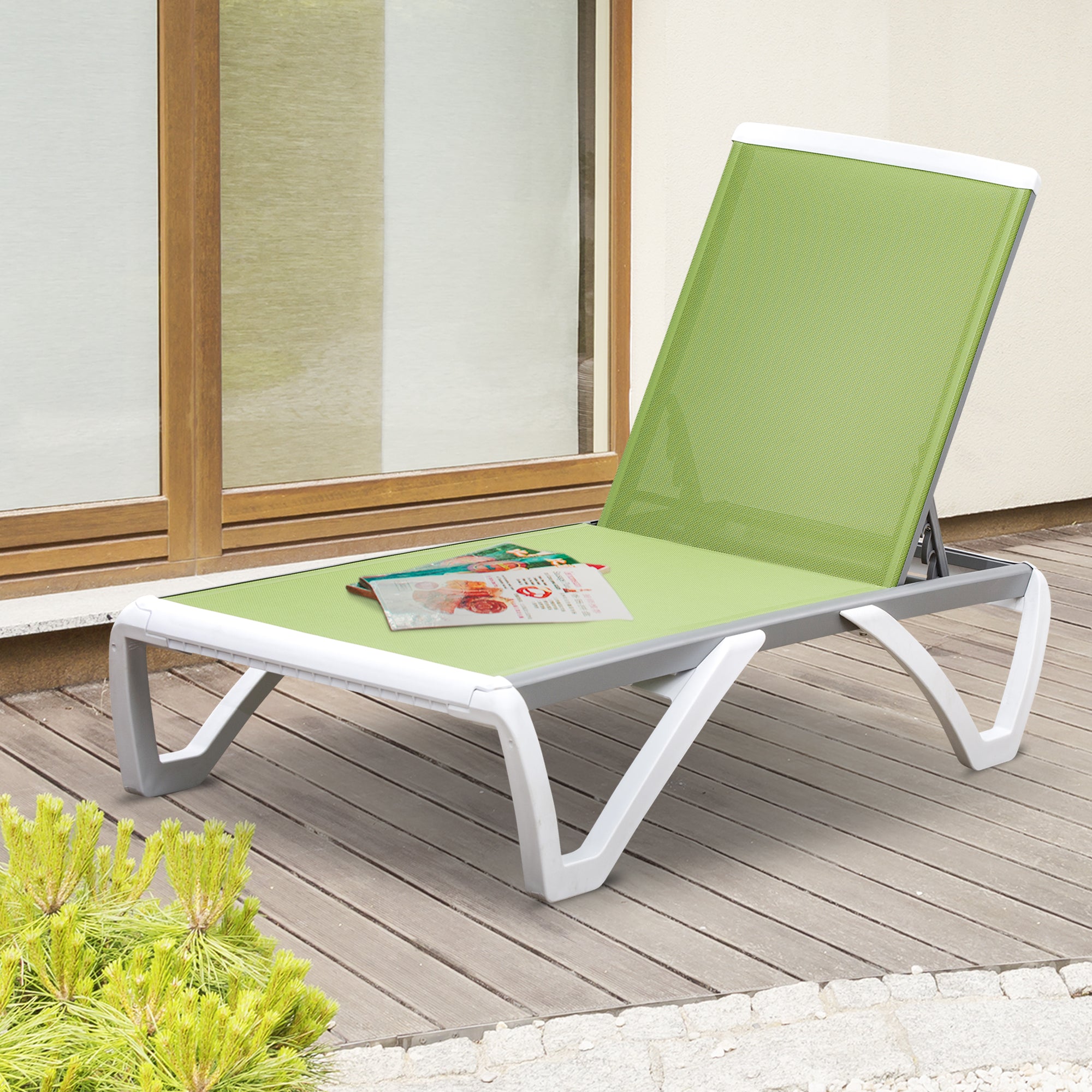 Outsunny Outdoor Chaise Lounge Chair, Patio Aluminum Tanning Chair with 5-Level Adjustable Back, Portable Wheels, Breathable Mesh Fabric, for Pool, Deck, Garden, Green