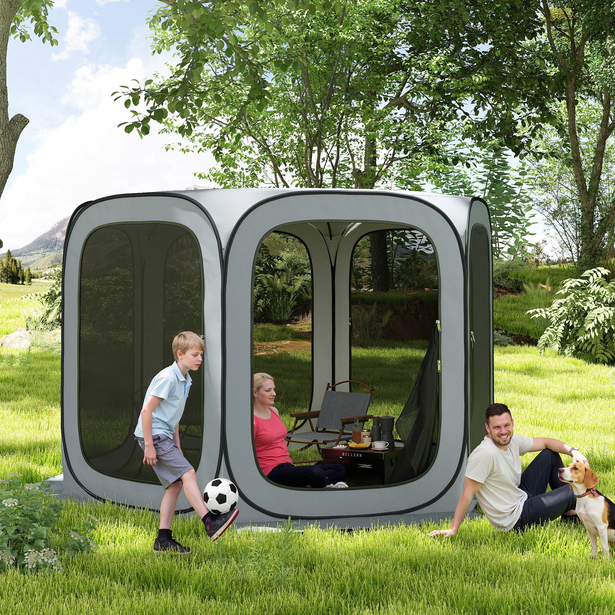 Outsunny 11 x 11ft Pop Up Screen Tent, Portable Camping Gazebo Screen House with UPF50+ Oxford Cloth and Carry Bag for Patio, Backyard, Deck and Outdoor Activities, Light Grey