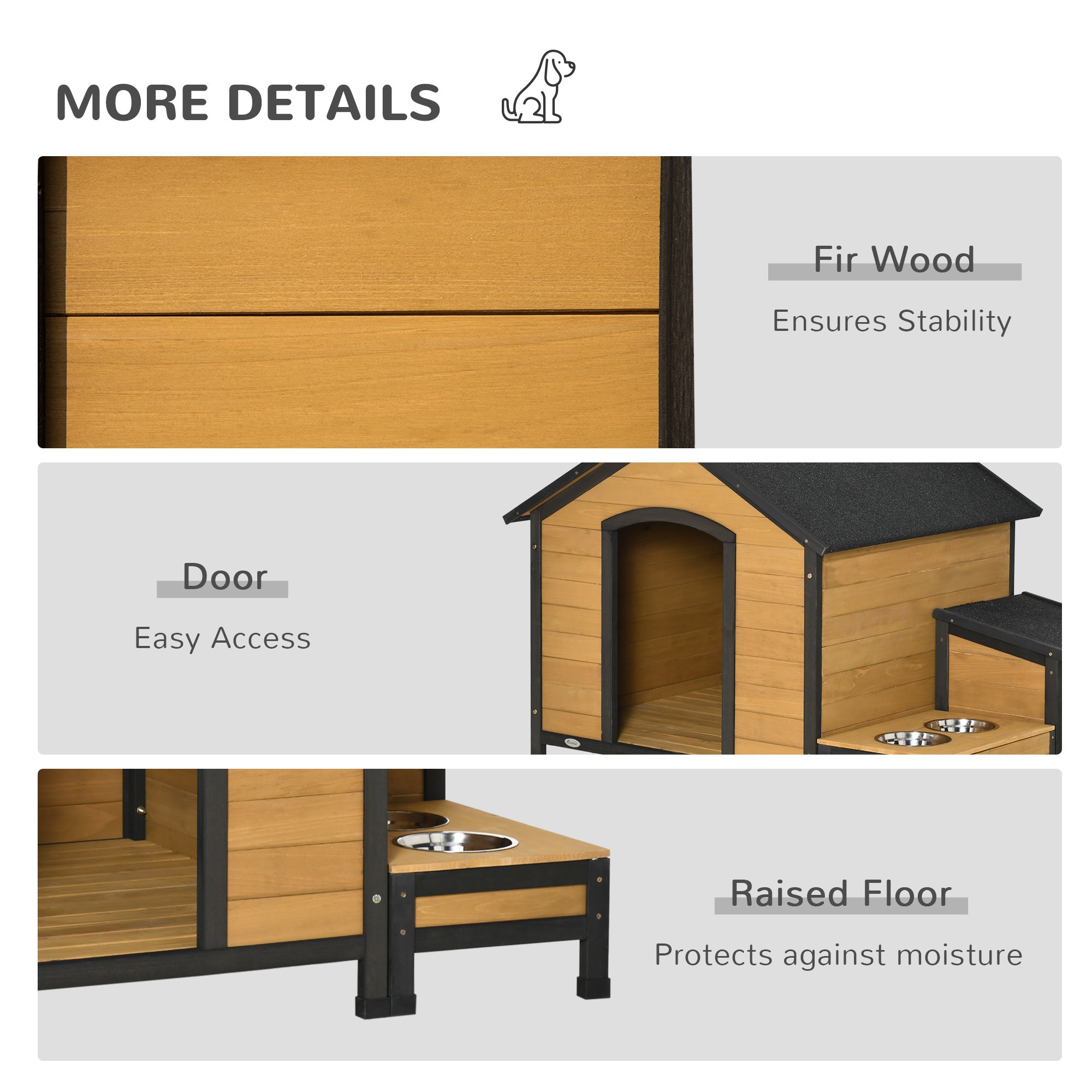 PawHut Wooden Outdoor Dog House, Cabin-Style Pet House with Feeding Bowls, Asphalt Roof, Storage Box for Dogs Up To 66 Lbs., Natural