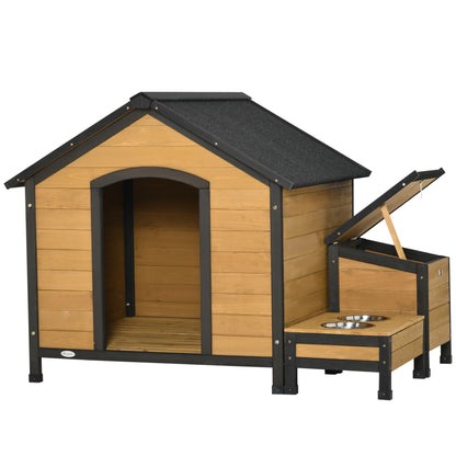 PawHut Wooden Outdoor Dog House, Cabin-Style Pet House with Feeding Bowls, Asphalt Roof, Storage Box for Dogs Up To 66 Lbs., Natural