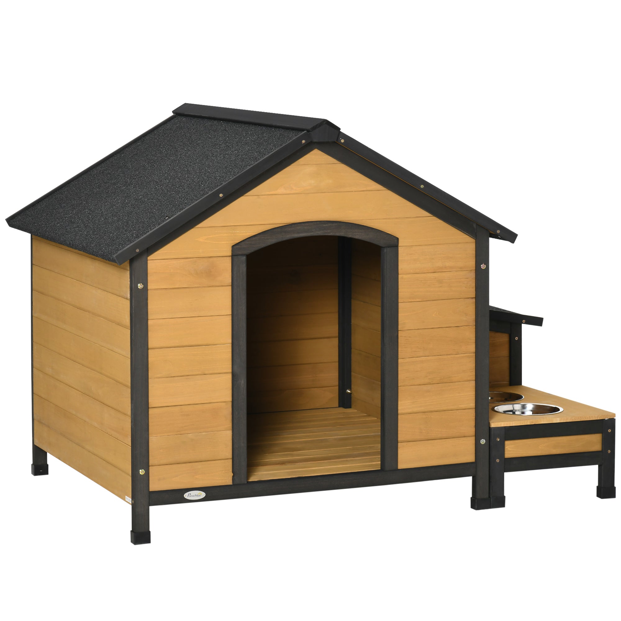 PawHut Wooden Dog House Outdoor, Cabin Style Raised Pet Home Cottage, with Bowls, Weather Resistant Roof, Storage Box, for Medium Sized Dog, Natural Wood