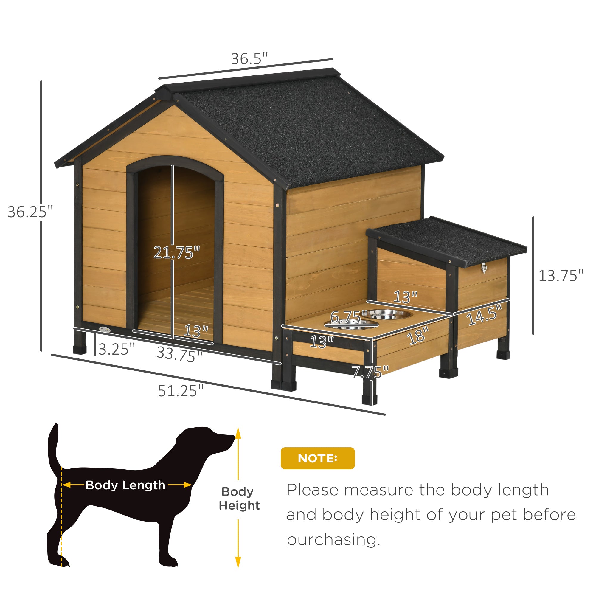 PawHut Wooden Outdoor Dog House, Cabin-Style Pet House with Feeding Bowls, Asphalt Roof, Storage Box for Dogs Up To 66 Lbs., Natural