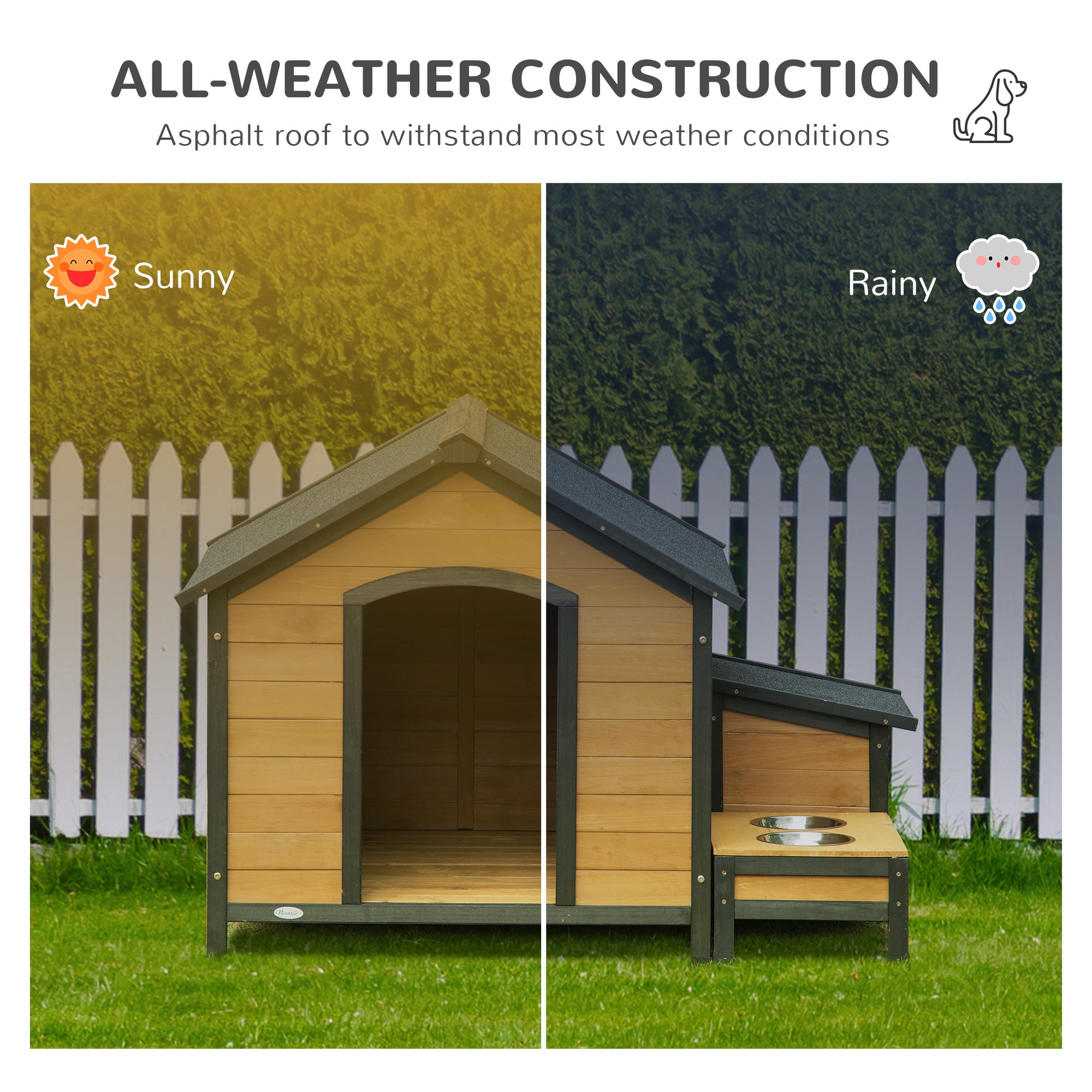 PawHut Wooden Outdoor Dog House, Cabin-Style Pet House with Feeding Bowls, Asphalt Roof, Storage Box for Dogs Up To 66 Lbs., Natural