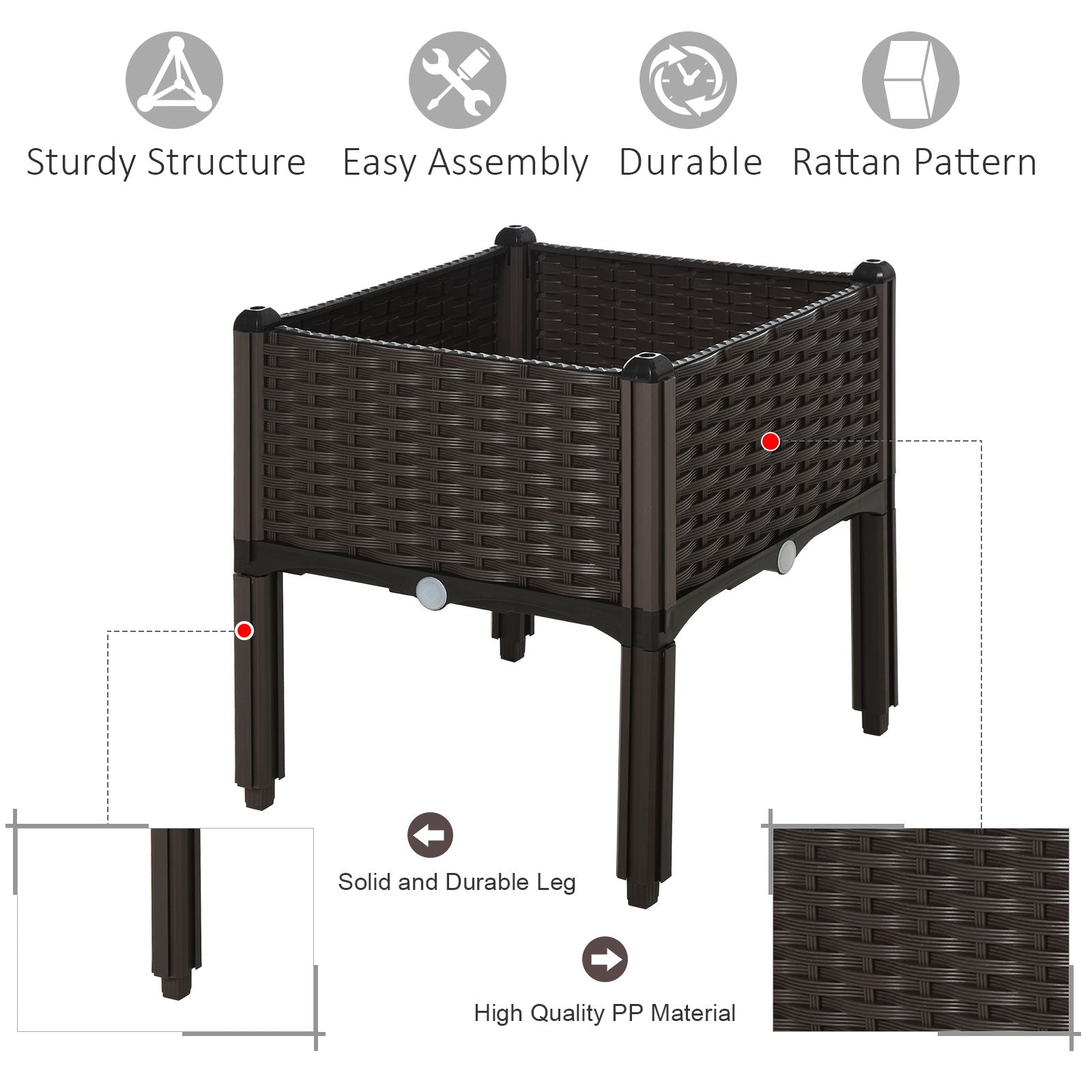 Outsunny 1 Piece Raised Garden Bed PP Raised Flower Bed Vegetable Herb Grow Box Stand Brown