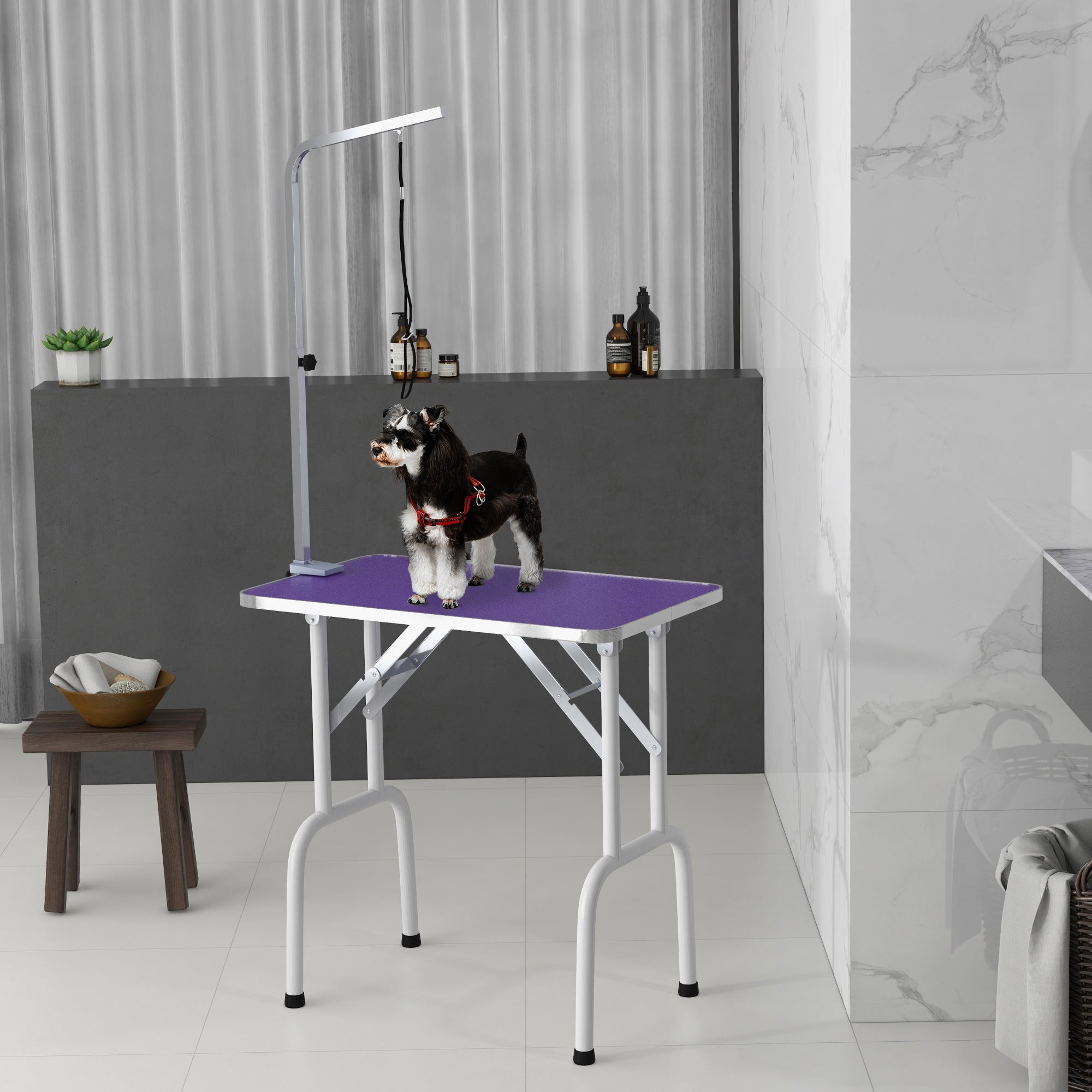 PawHut 32in Foldable Dog Grooming Table for Small Dogs, Pet Grooming Table for Dogs Cats with Adjustable Arm, Non-Slip Surface, Purple