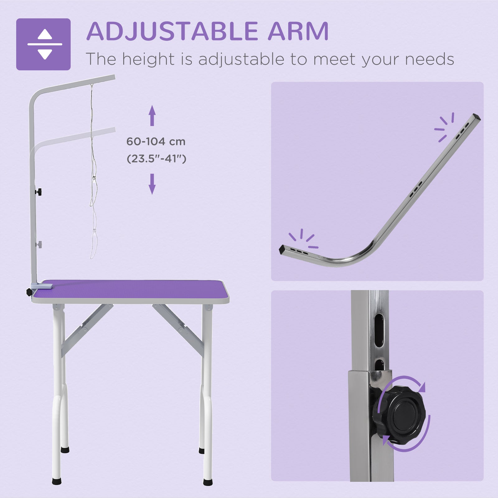 PawHut 32in Foldable Dog Grooming Table for Small Dogs, Pet Grooming Table for Dogs Cats with Adjustable Arm, Non-Slip Surface, Purple
