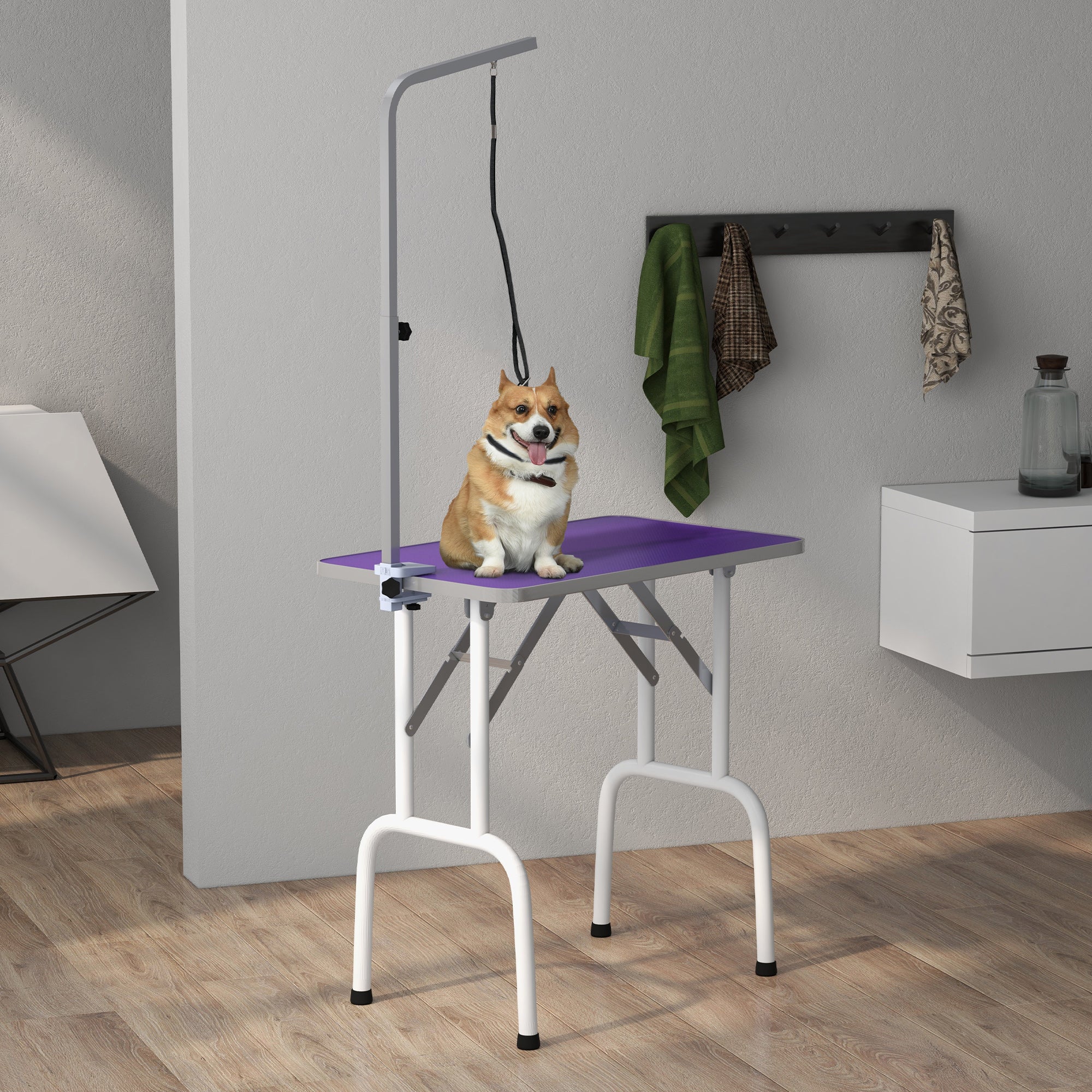 PawHut 32in Foldable Dog Grooming Table for Small Dogs, Pet Grooming Table for Dogs Cats with Adjustable Arm, Non-Slip Surface, Purple
