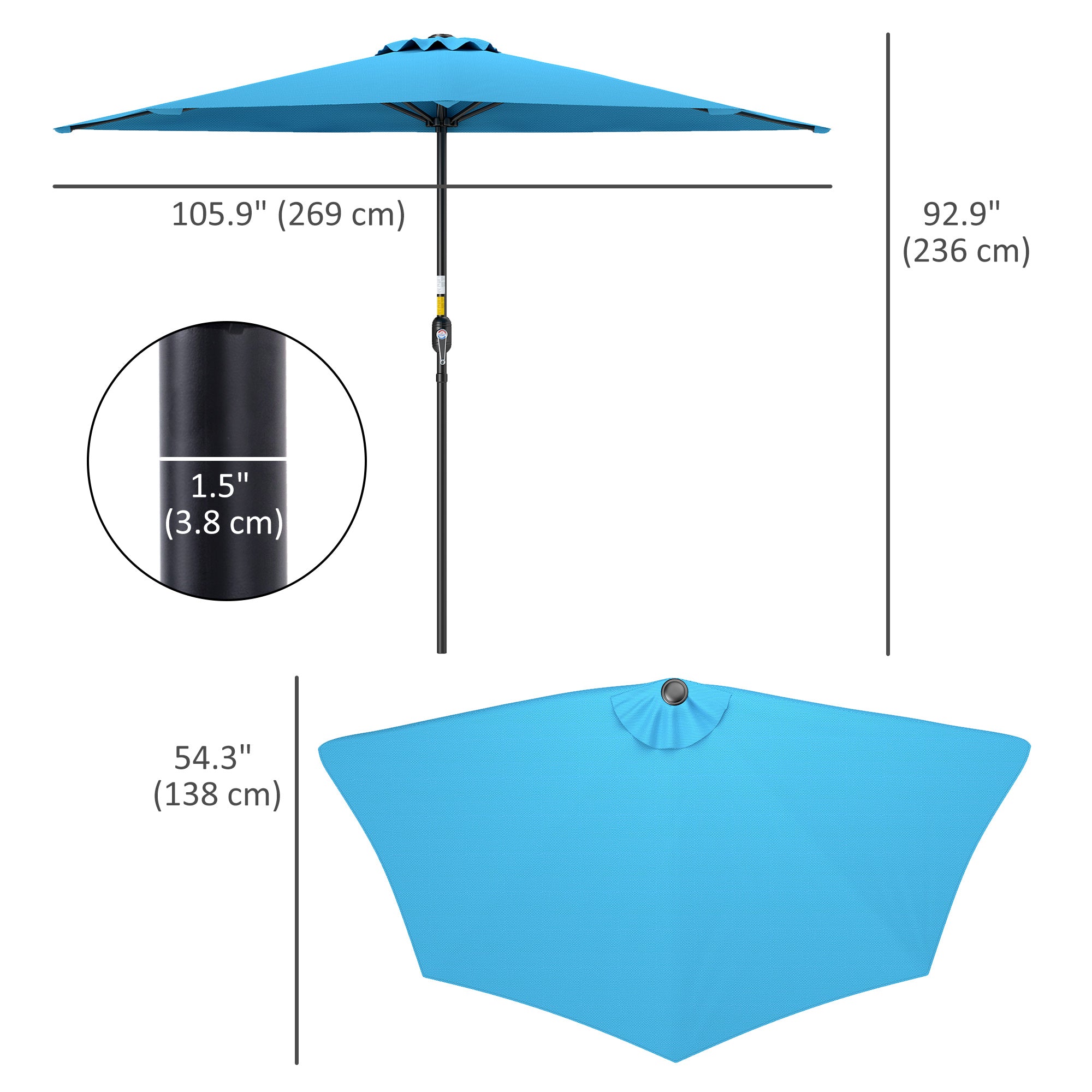 Outsunny 9ft Half Round Umbrella Outdoor Balcony Parasol Patio Garden Outdoor Window Sun Shade w/ 5 Ribs, Light Blue